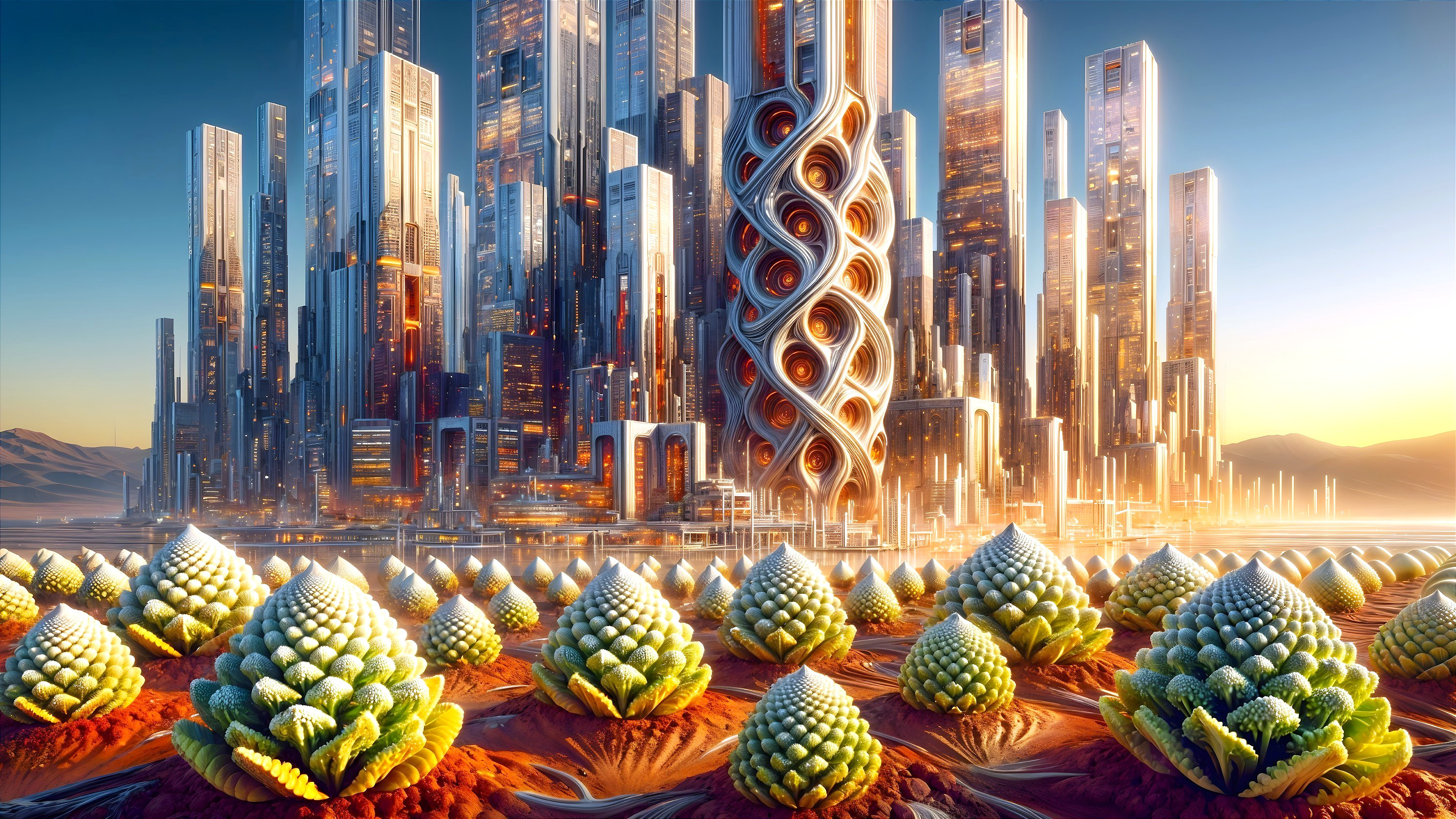 Futuristic cityscape with skyscrapers and vibrant plants