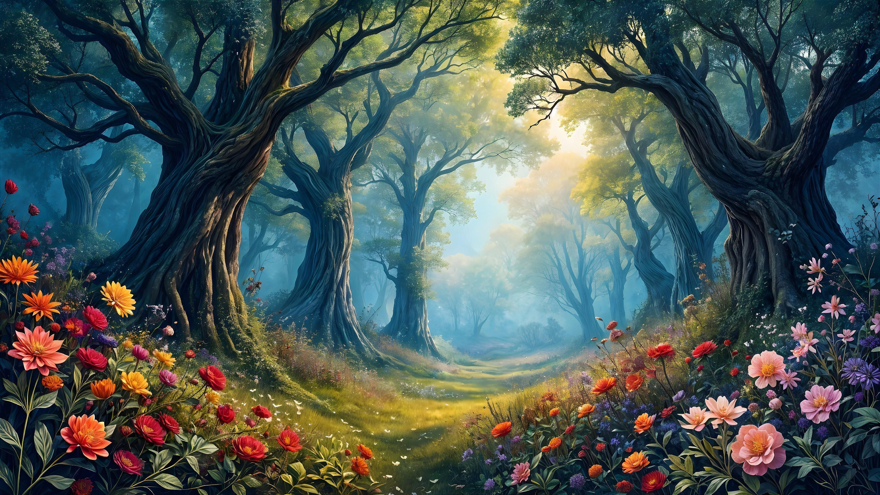 Serene Forest Scene with Golden Light and Vibrant Flowers