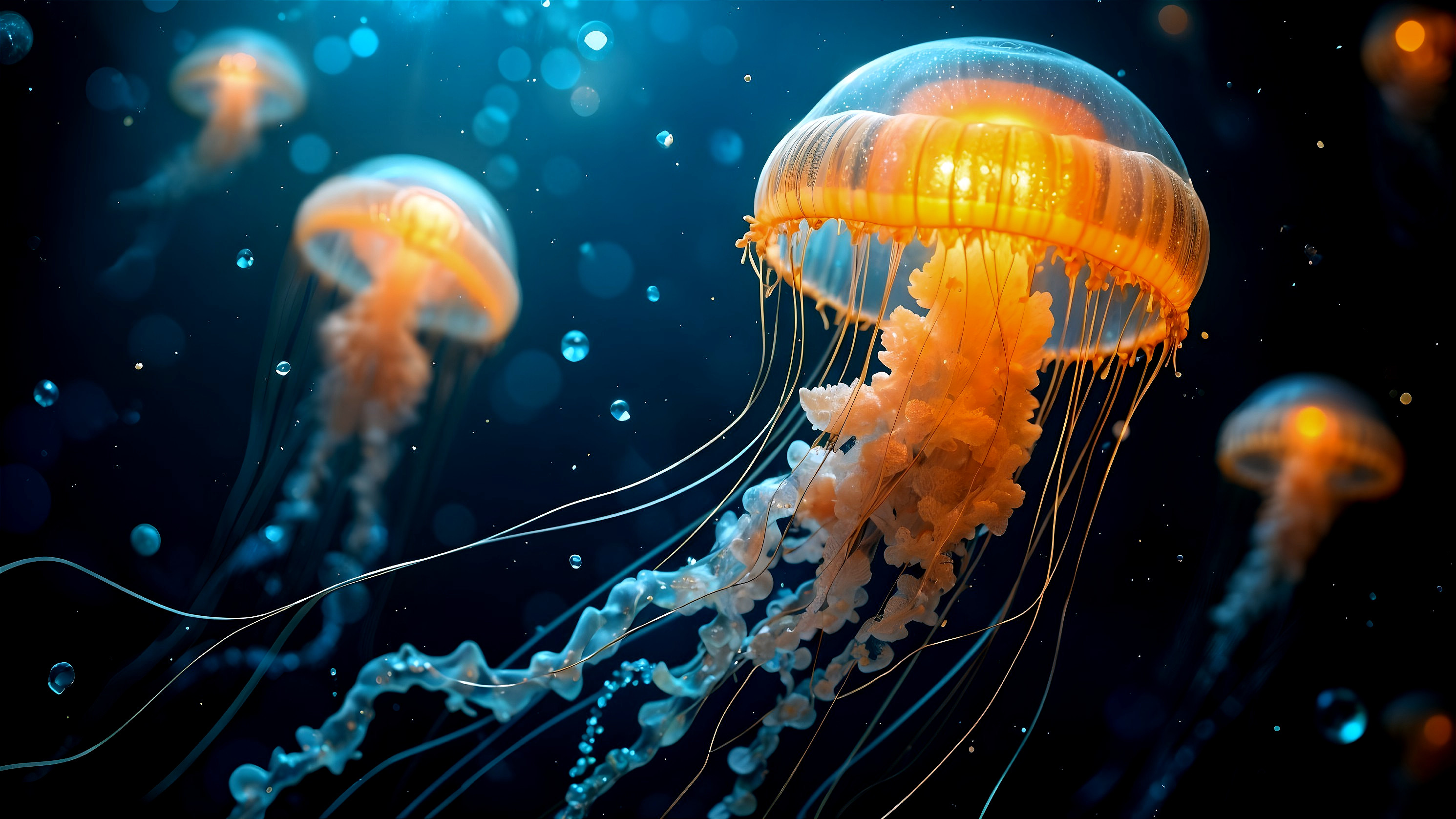 Underwater Scene of Glowing Jellyfish in Deep Blue Sea