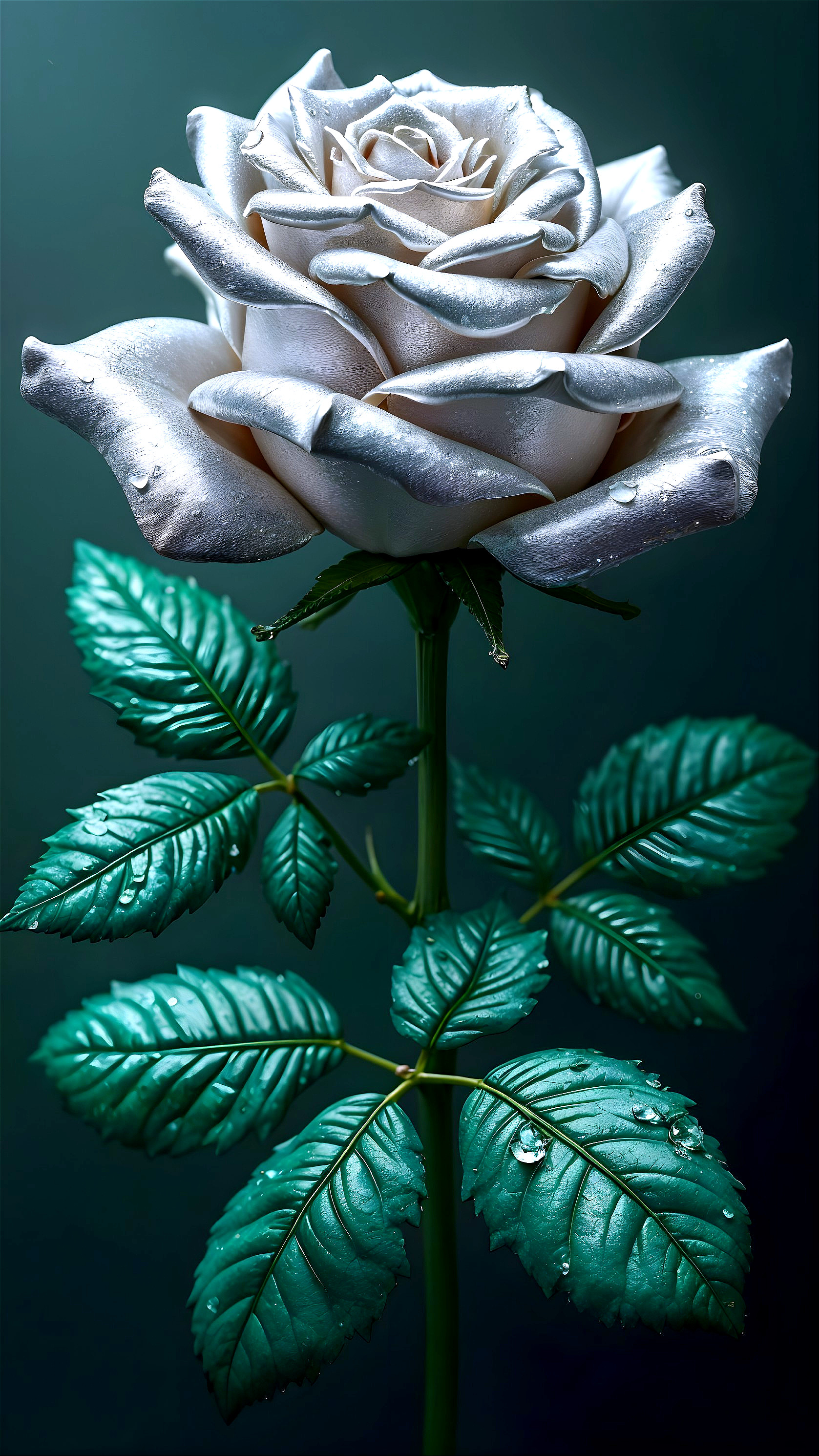 Elegant Silver Rose with Green Leaves on Dark Background