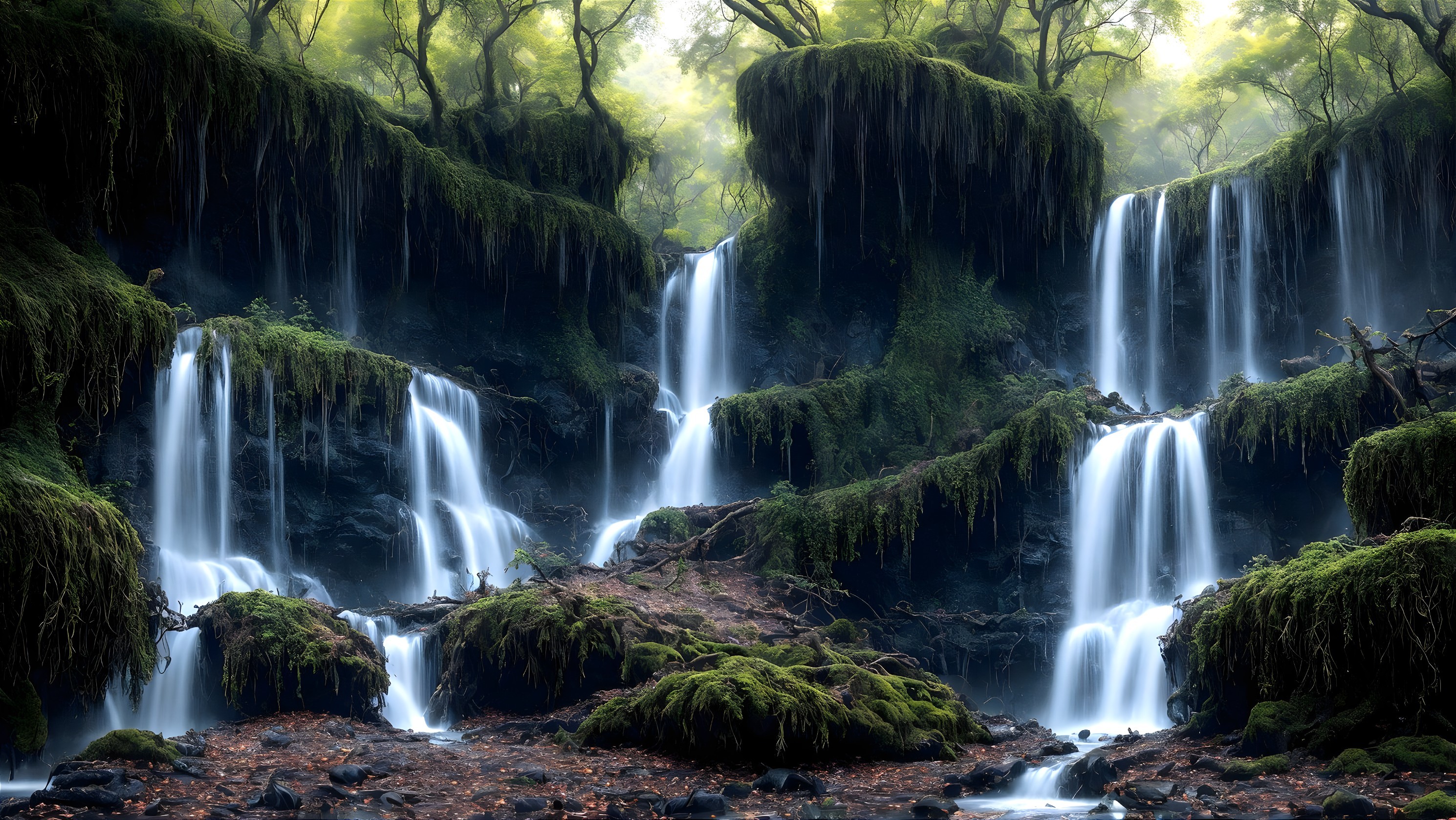 Lush Landscape with Cascading Waterfalls and Greenery