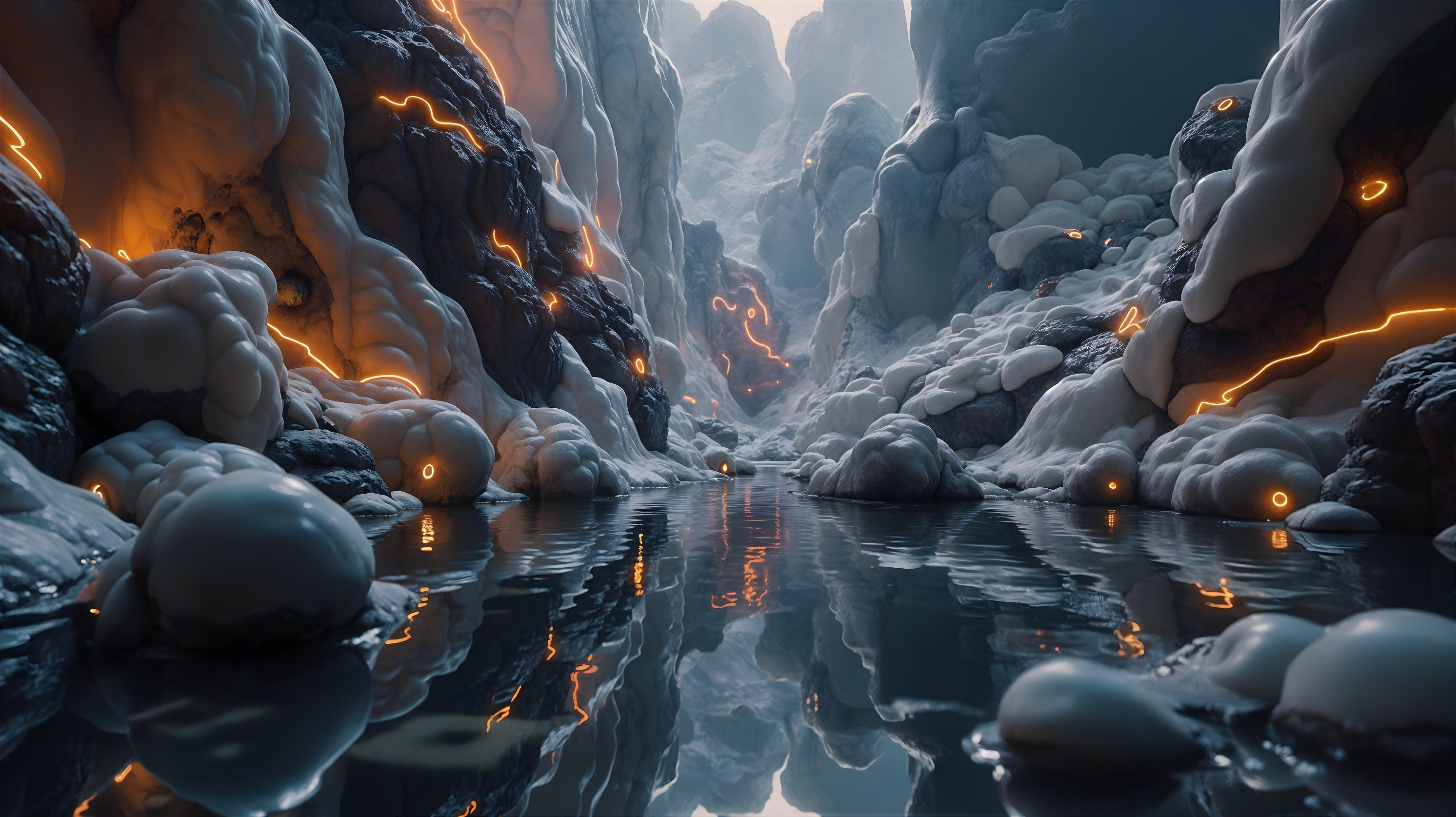 Surreal Landscape with Winding River and Rock Formations