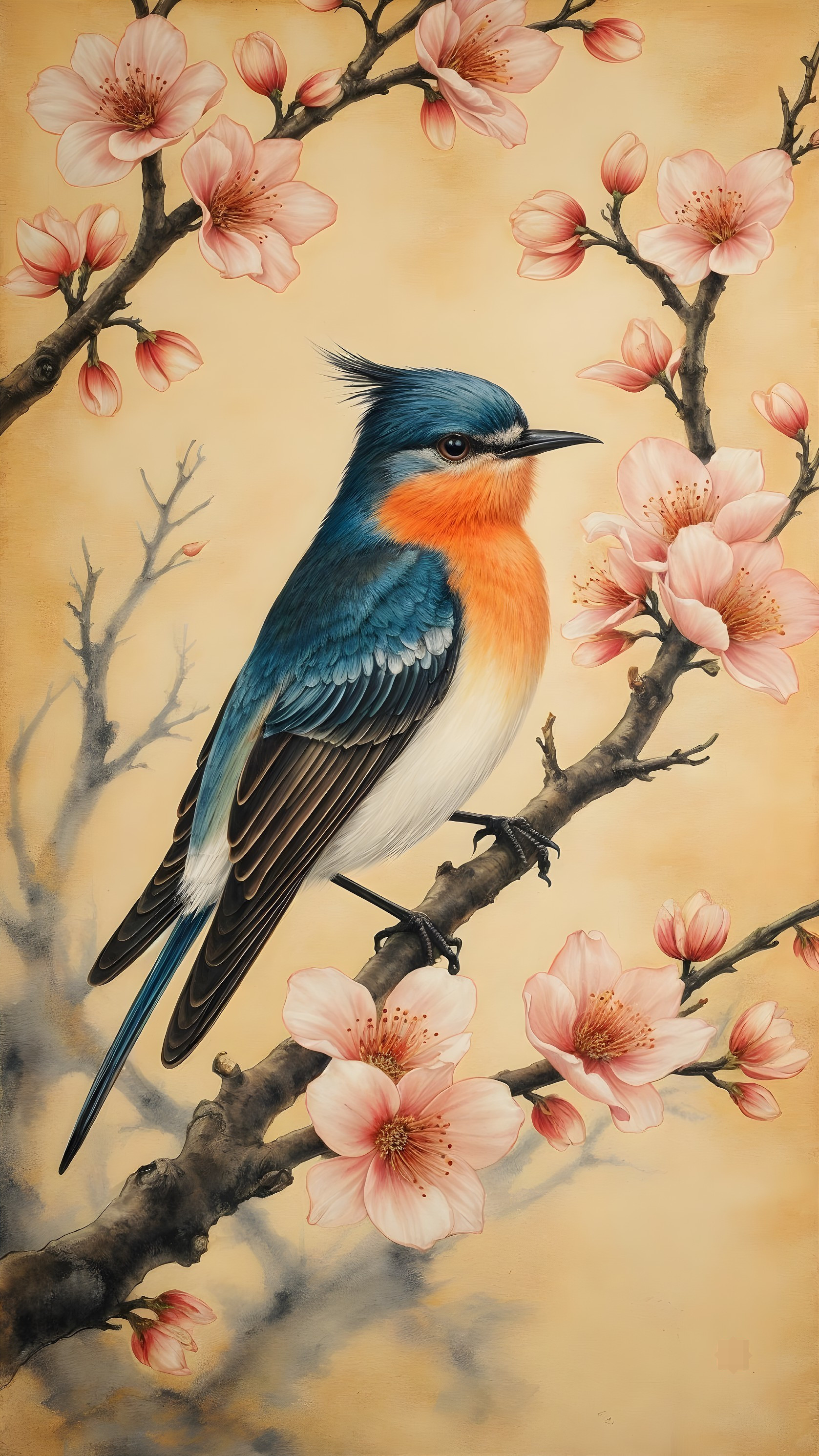 Vibrant Blue and Orange Bird on Cherry Blossom Branch