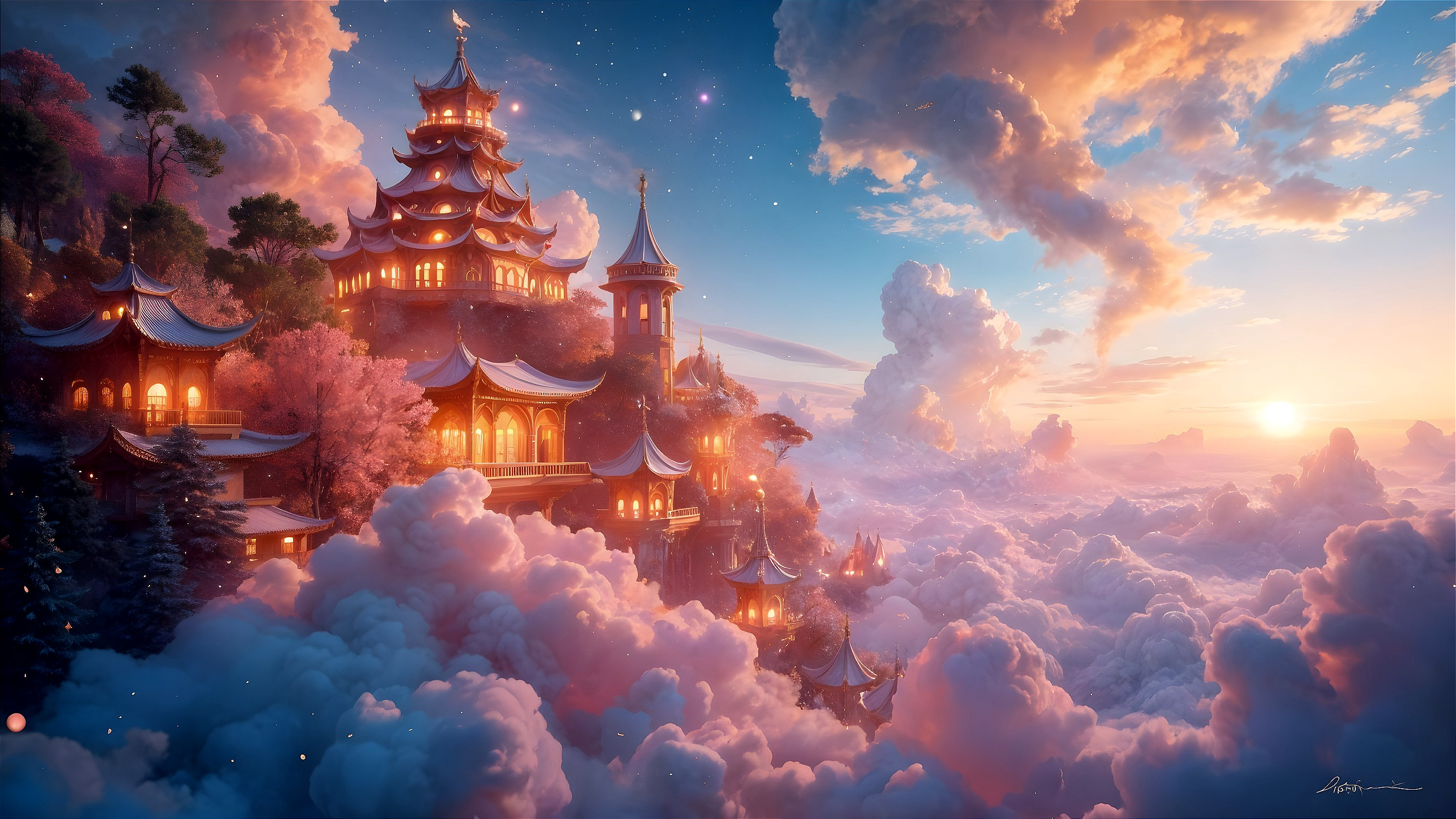 Mystical castle on clouds at sunset with cherry blossoms