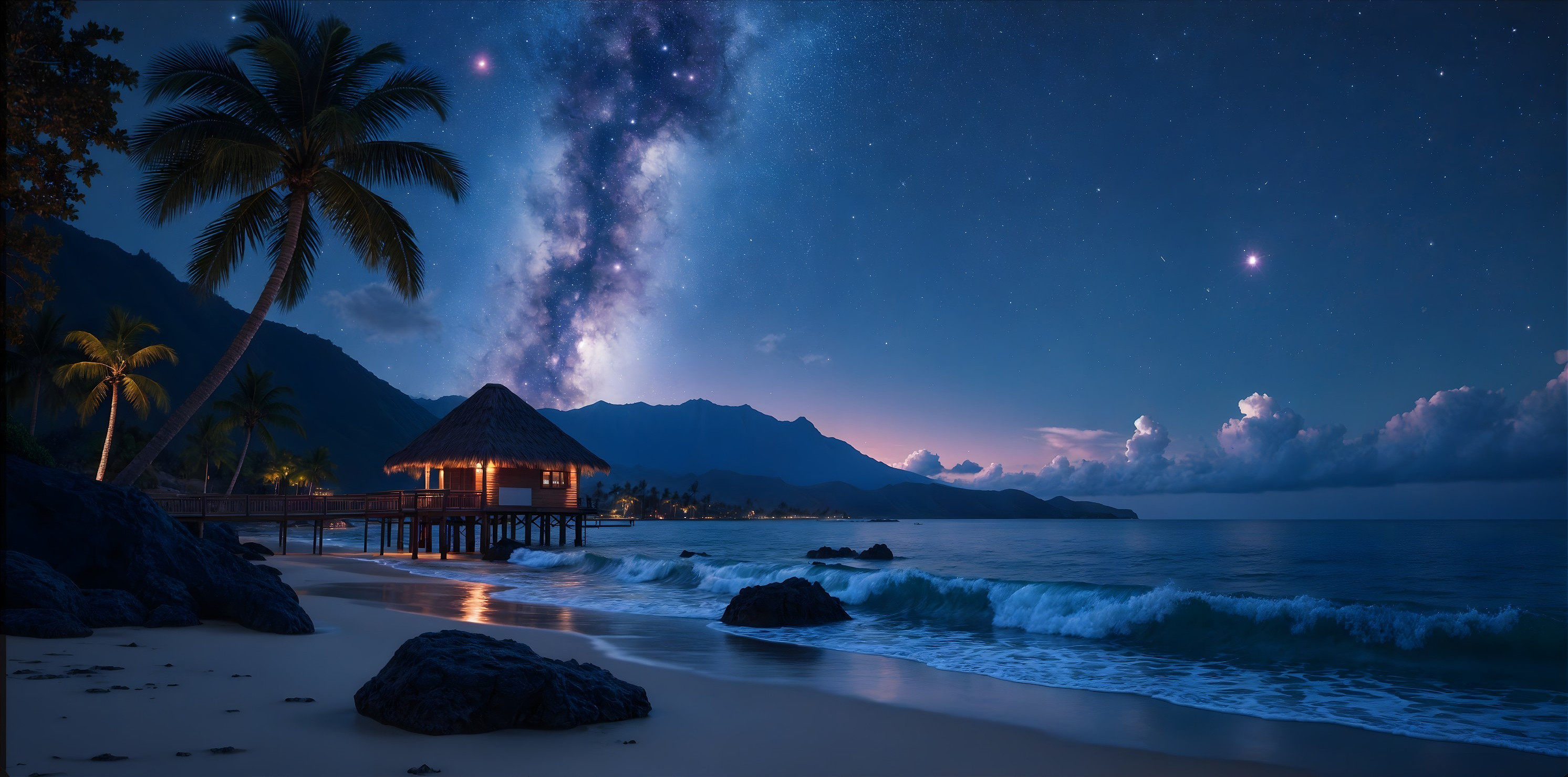 Starry Beach Scene with Wooden Hut and Palm Trees