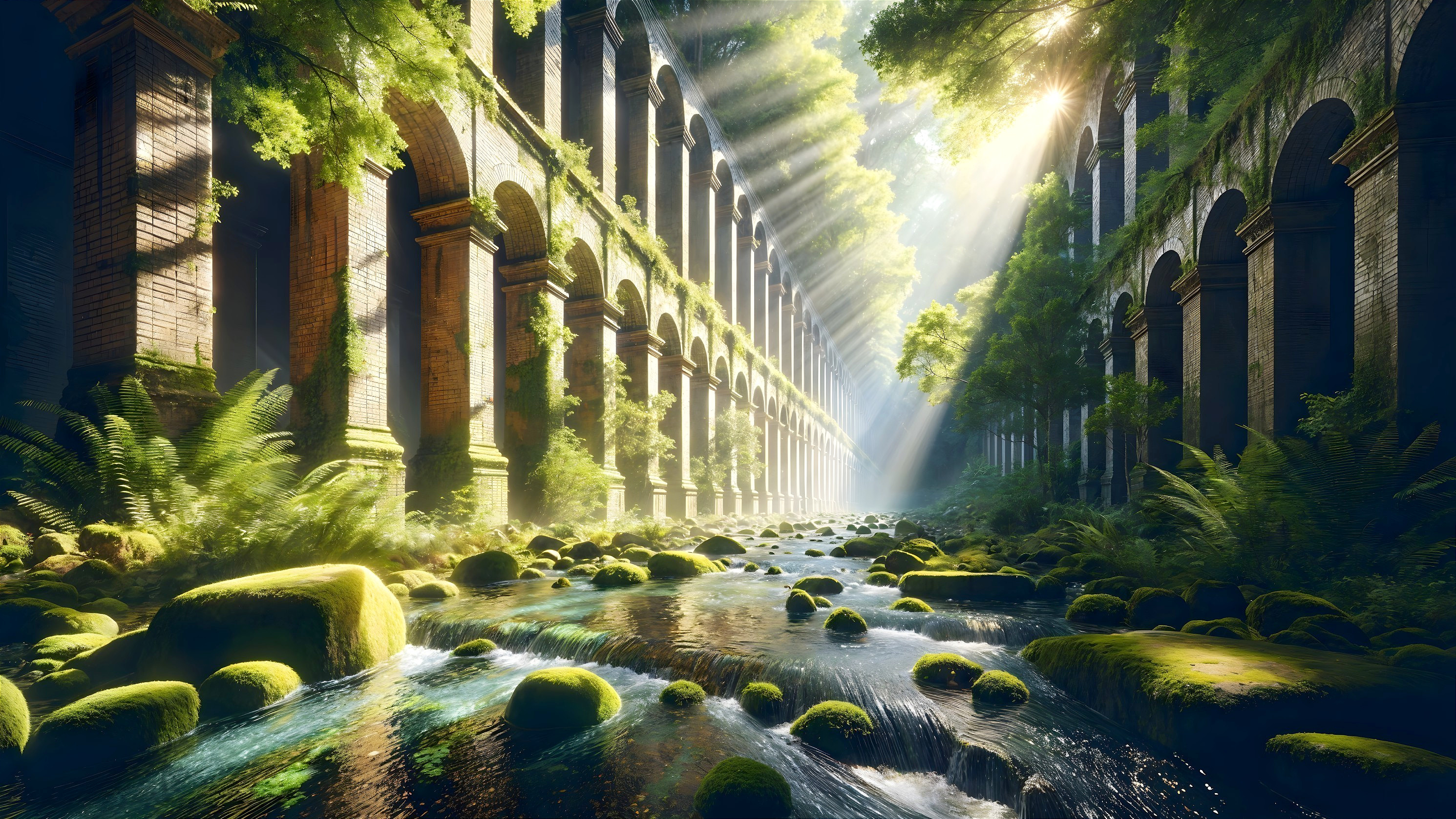 Overgrown Ruin with Arches and Gentle Stream
