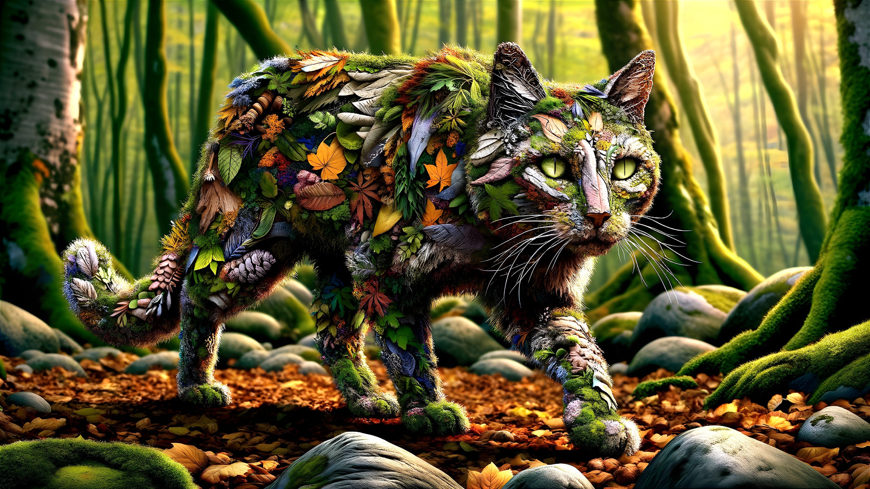 Cat Formed from Leaves in a Lush Woodland Setting