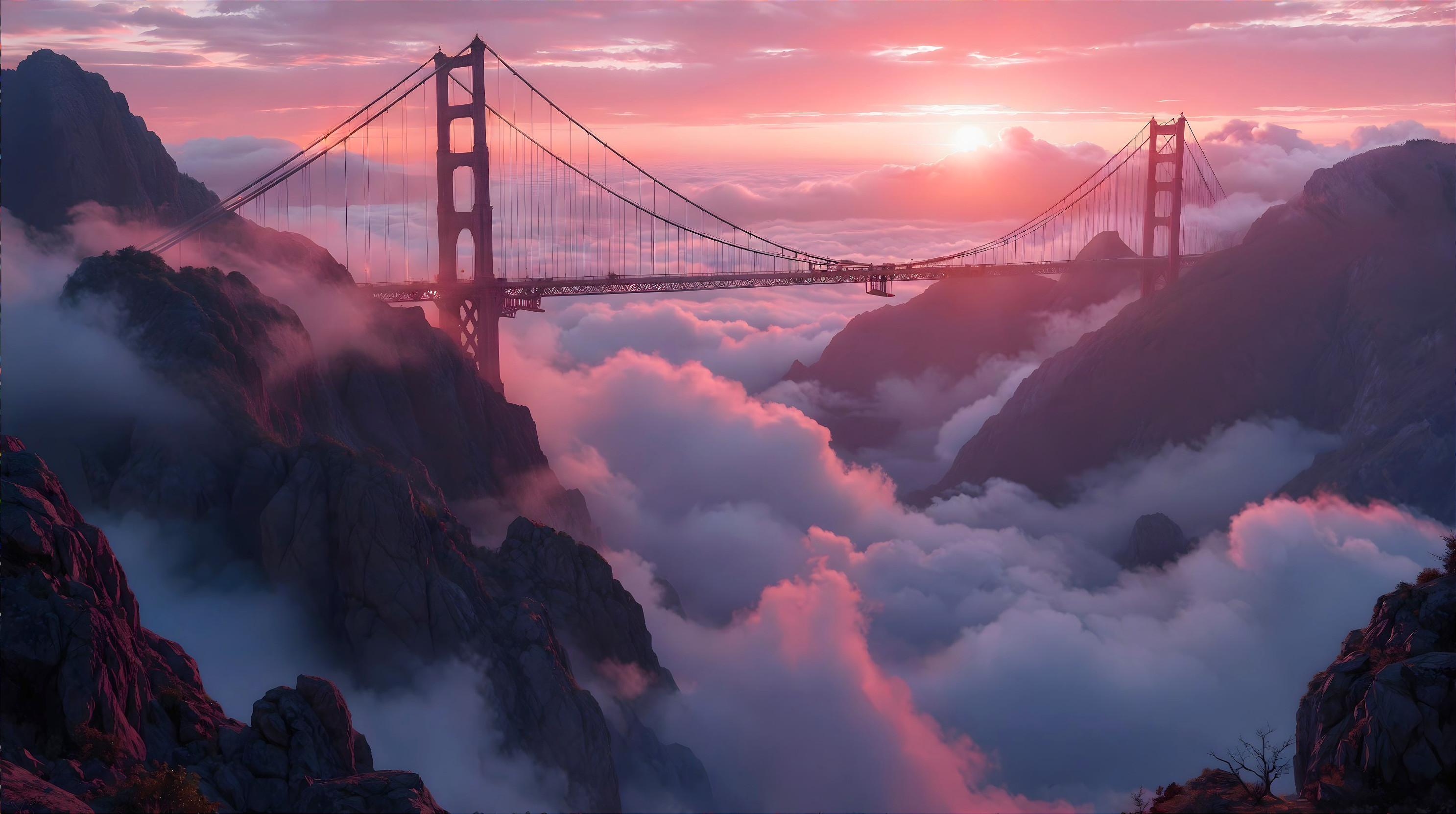Golden Gate Bridge at Sunset with Mountain Backdrop