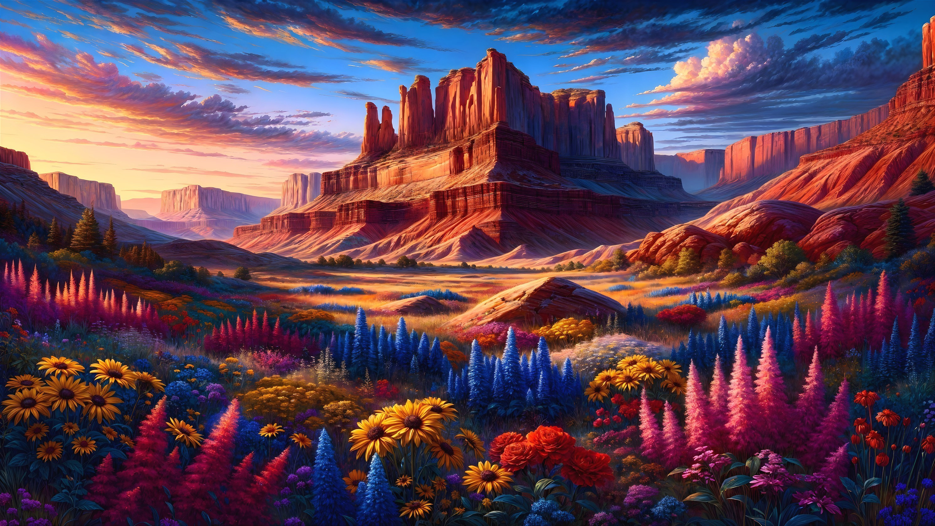 Dramatic Rock Formations and Colorful Wildflowers at Sunset