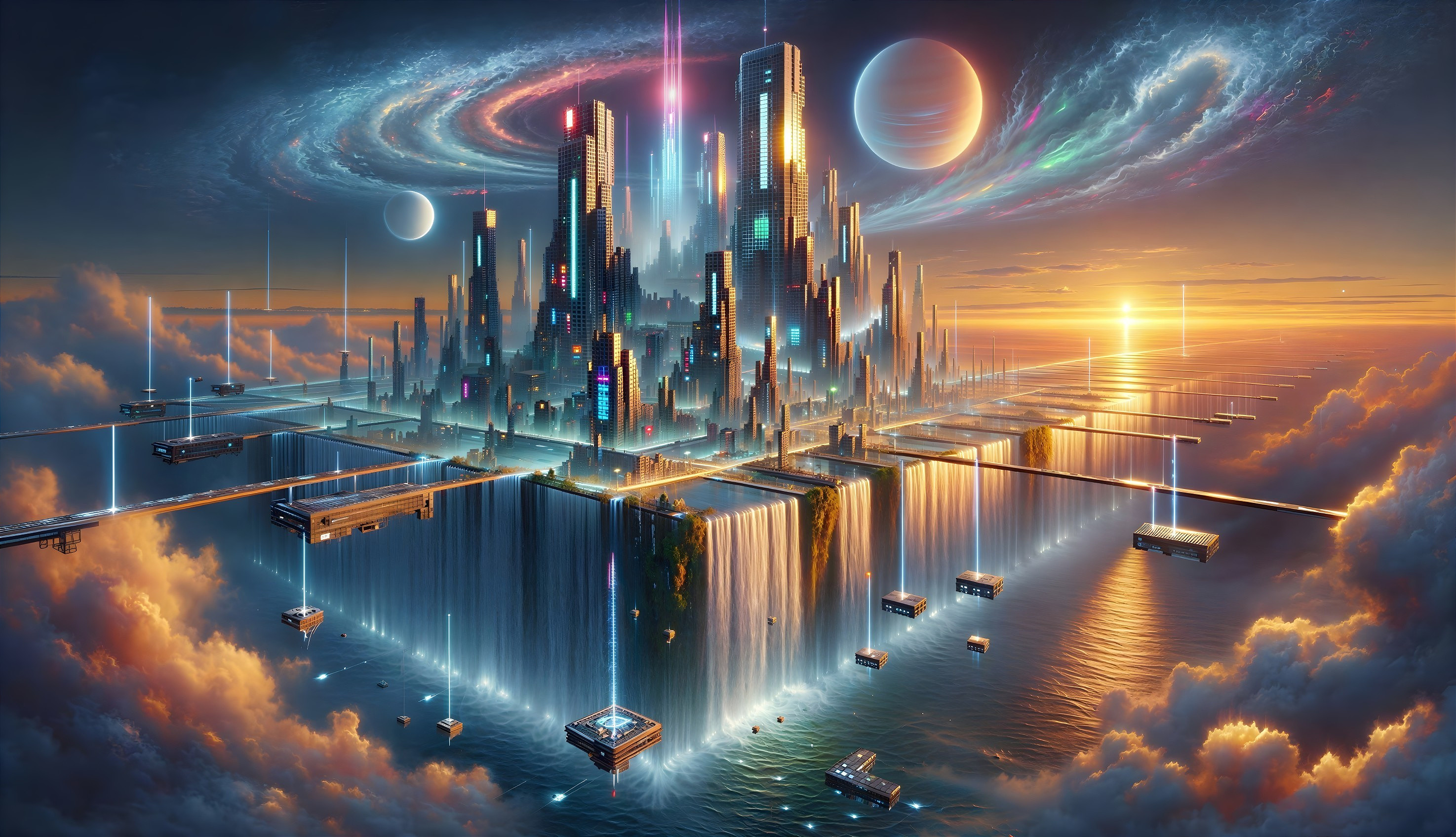 Futuristic City Above Ocean with Neon Skyscrapers