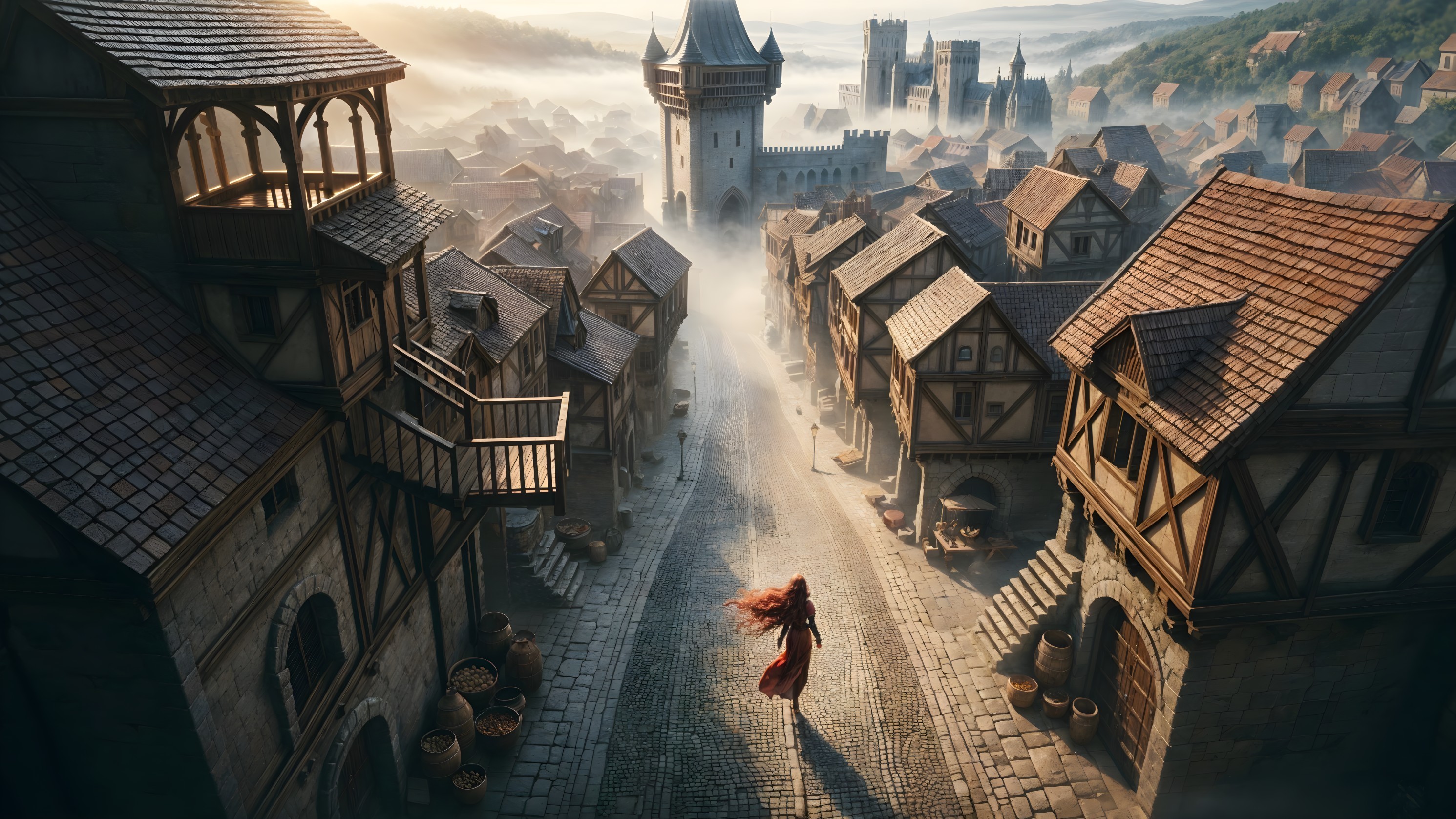 Medieval Town with Cobblestone Streets and Castles