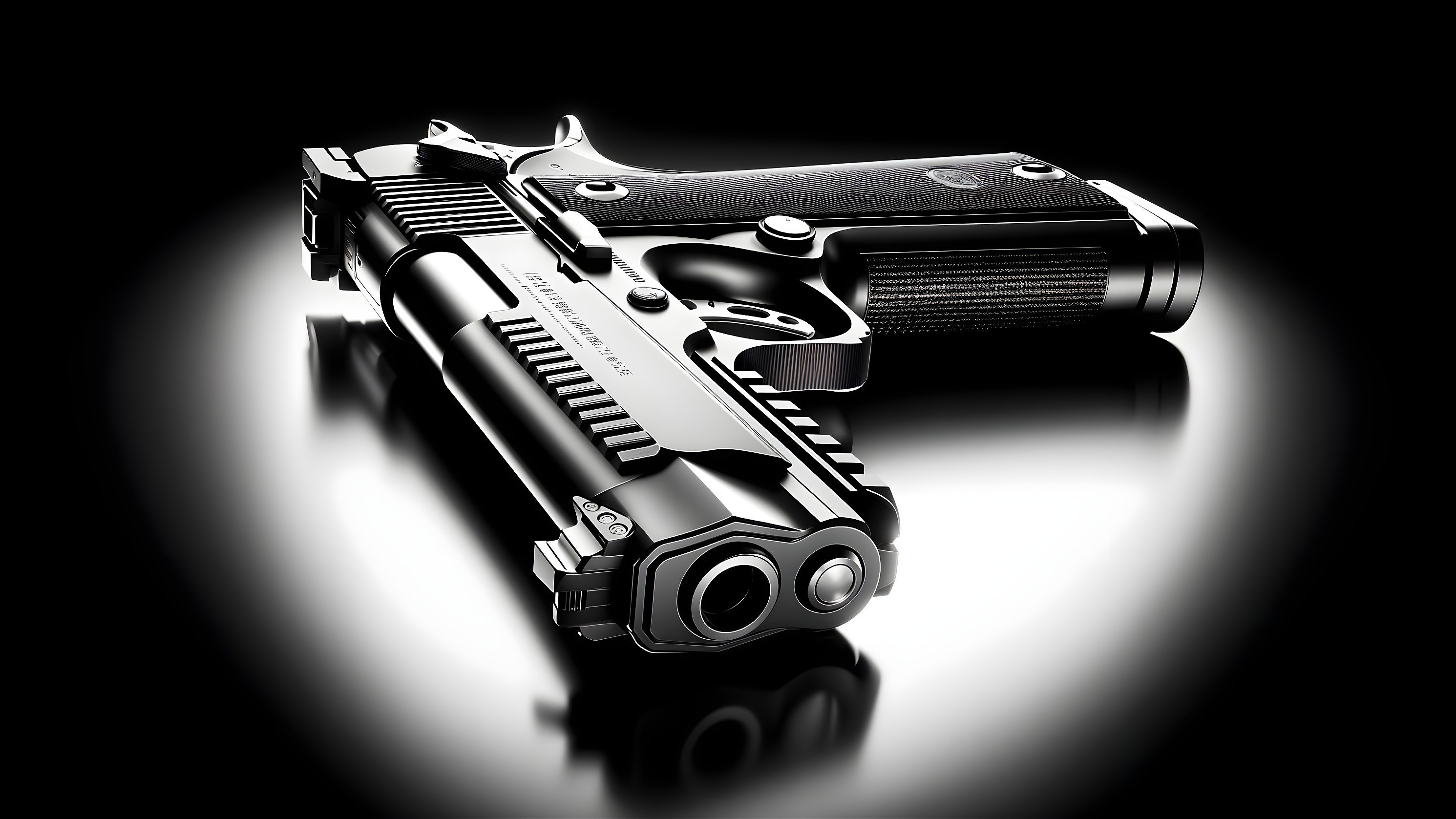 Modern Handgun on Reflective Surface with Dramatic Lighting