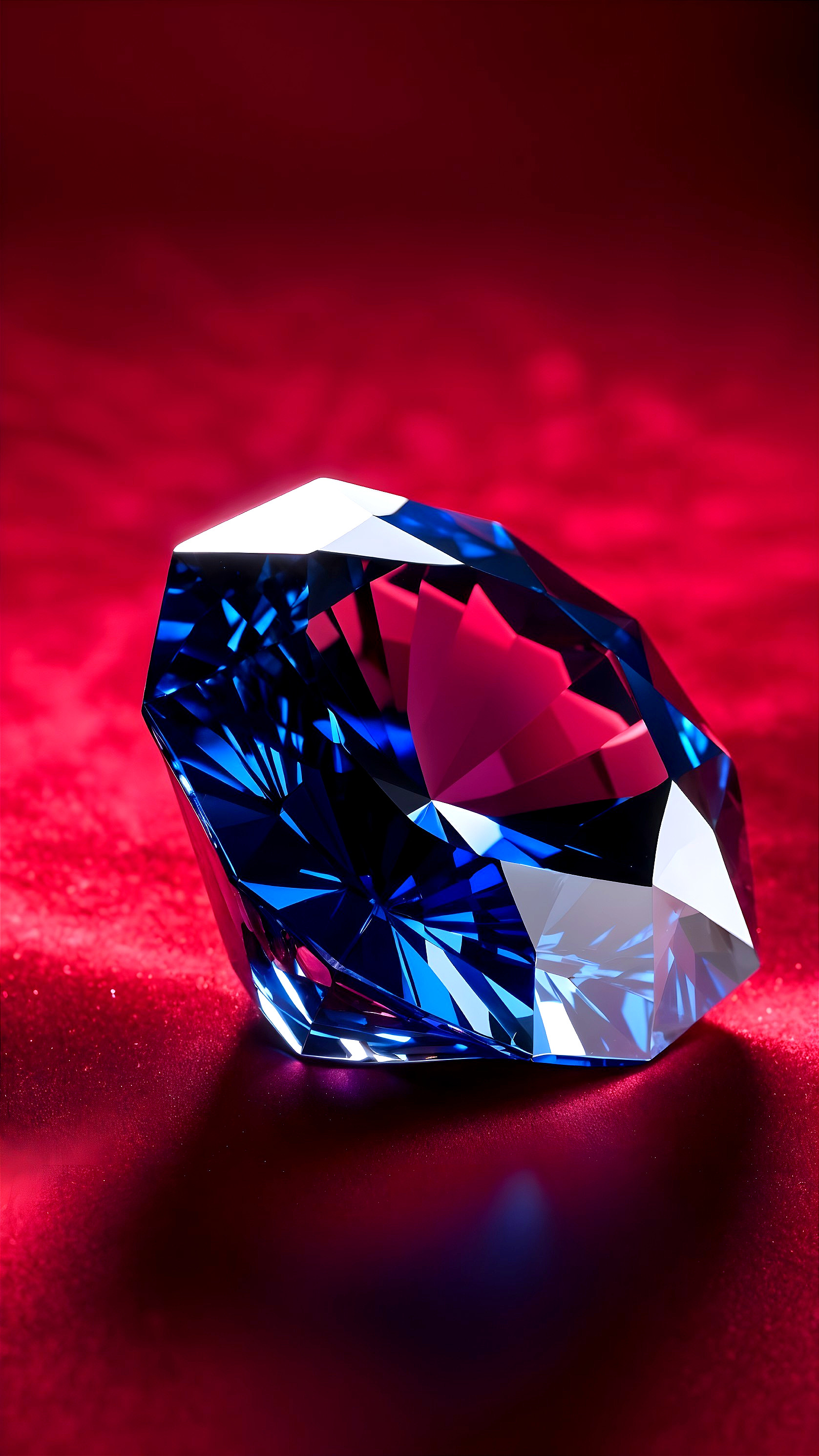 Crystal gem on red surface with blue and purple hues