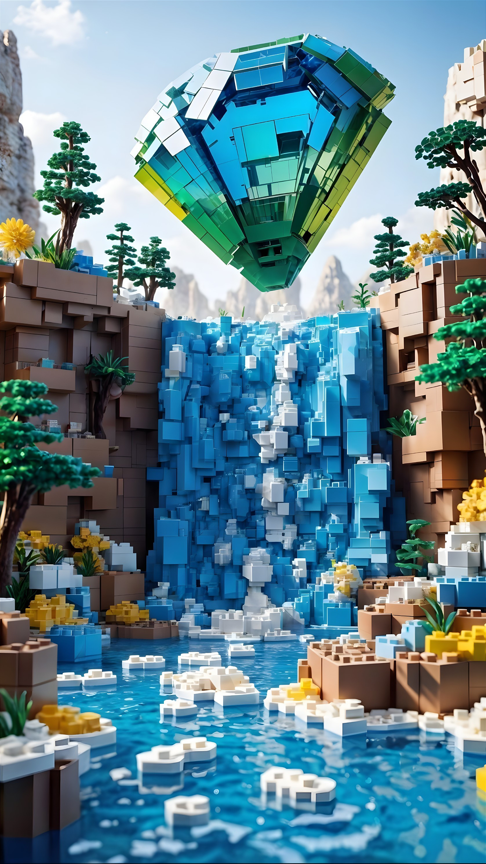 Vibrant LEGO Landscape with Waterfall and Diamond