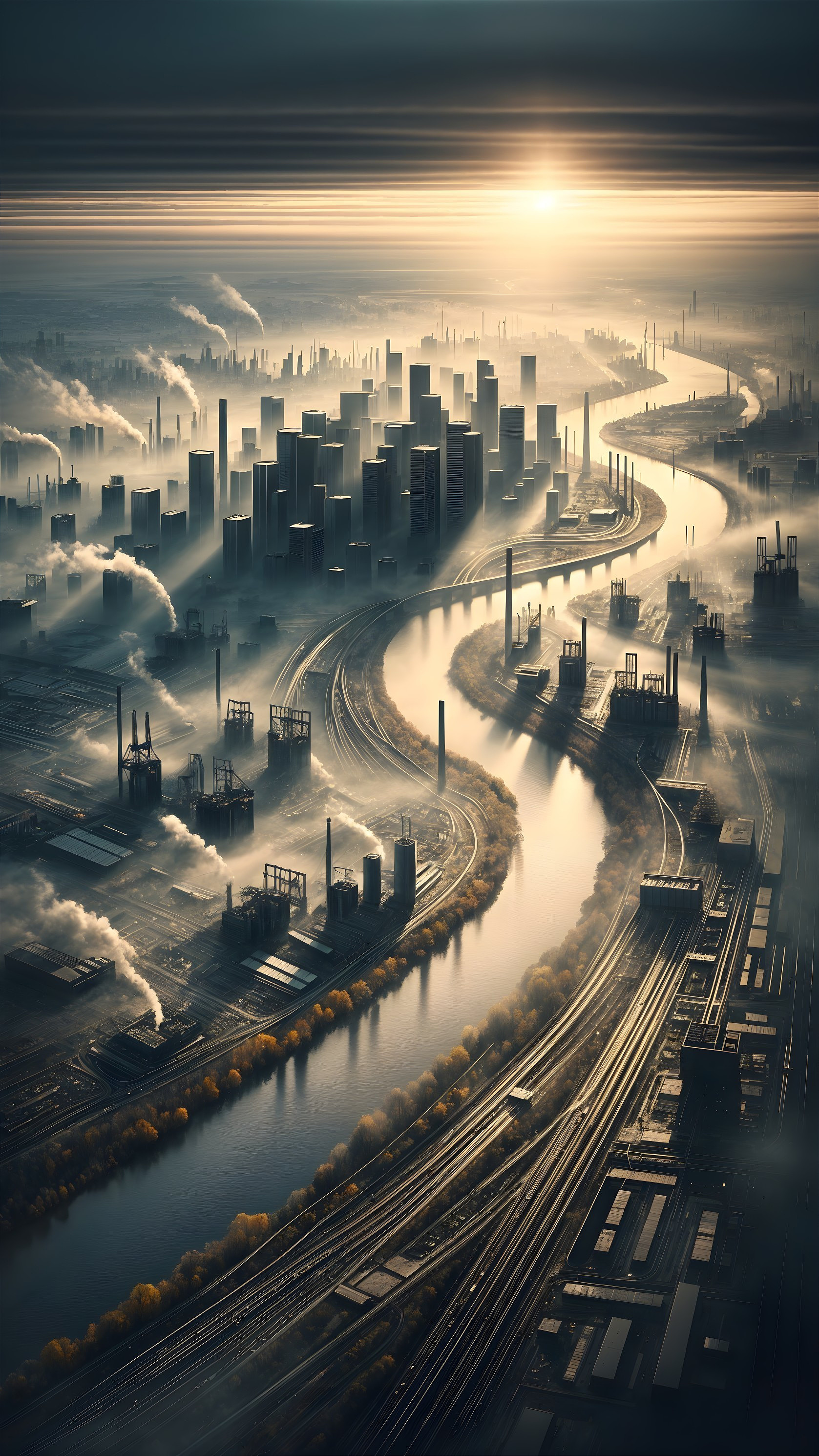 Aerial View of Industrial City at Dawn with Fog