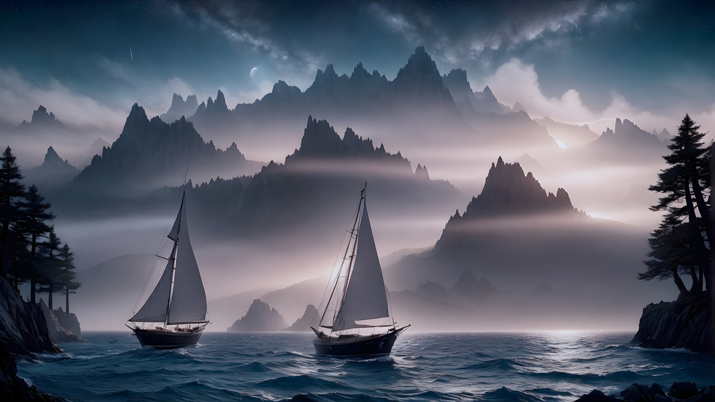 Sailing Boats on Serene Waters with Rugged Mountains