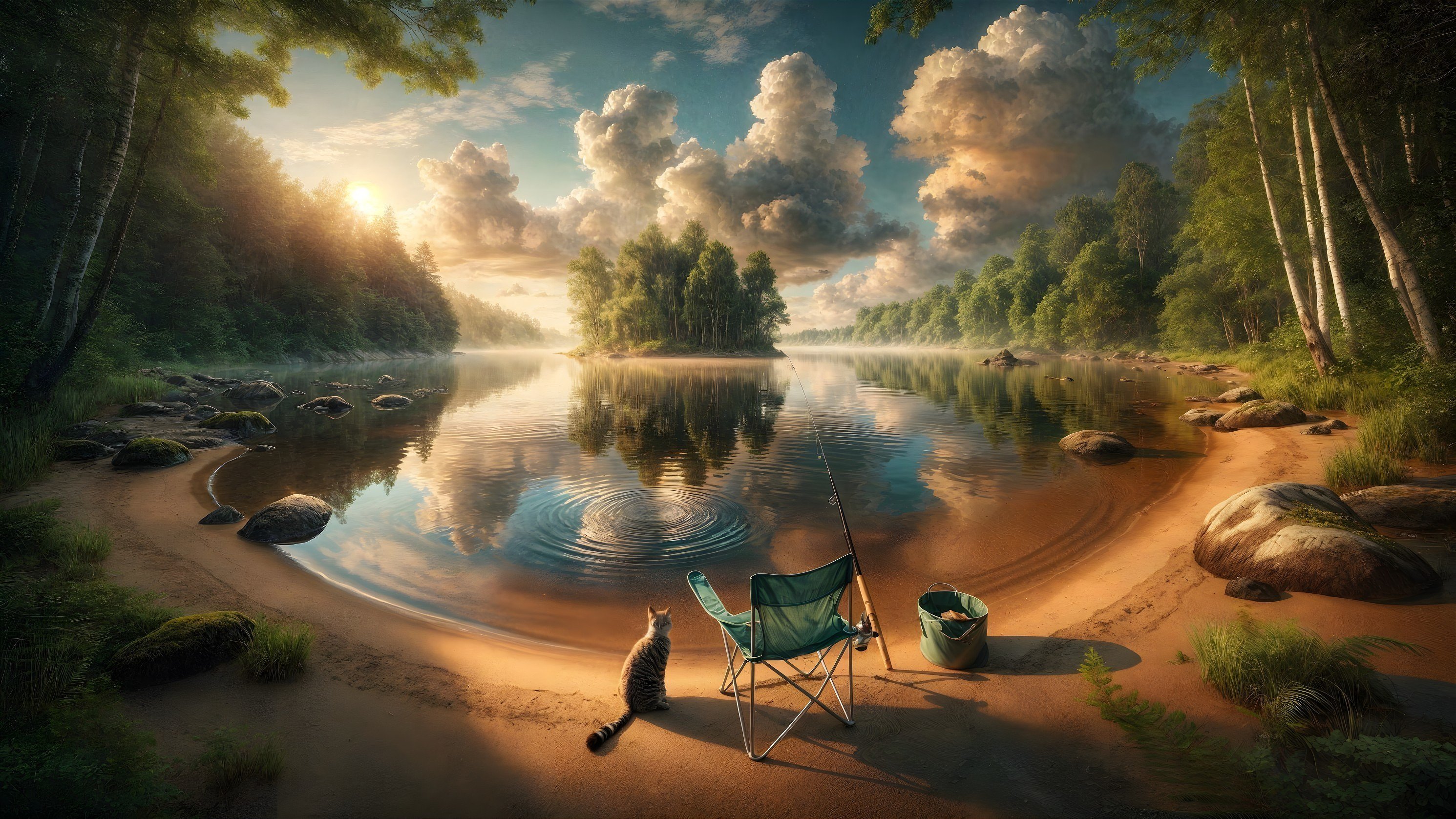 Lakeside Sunset Scene with Fishing Chair and Cat