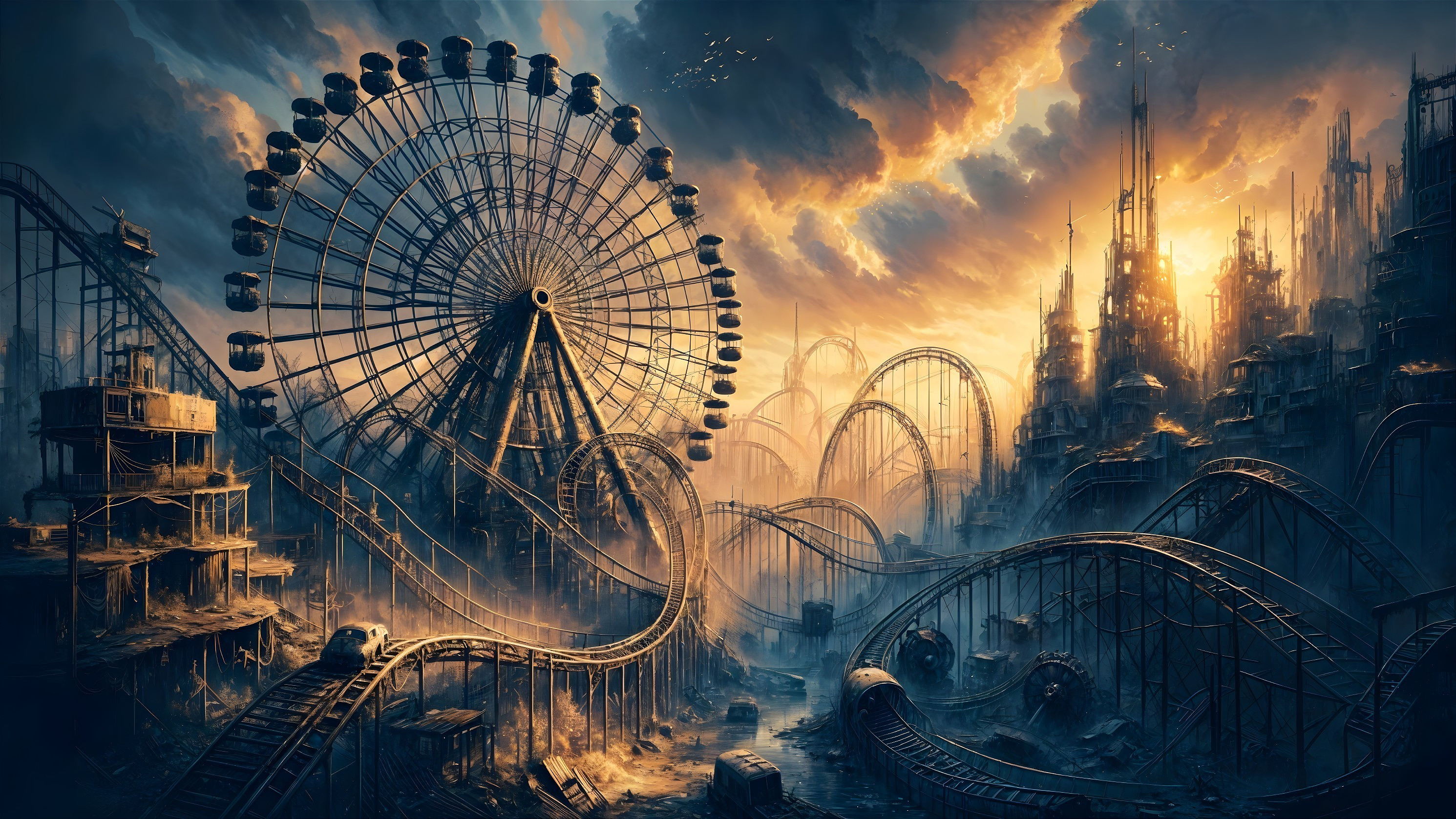 Abandoned Amusement Park in Dystopian Landscape