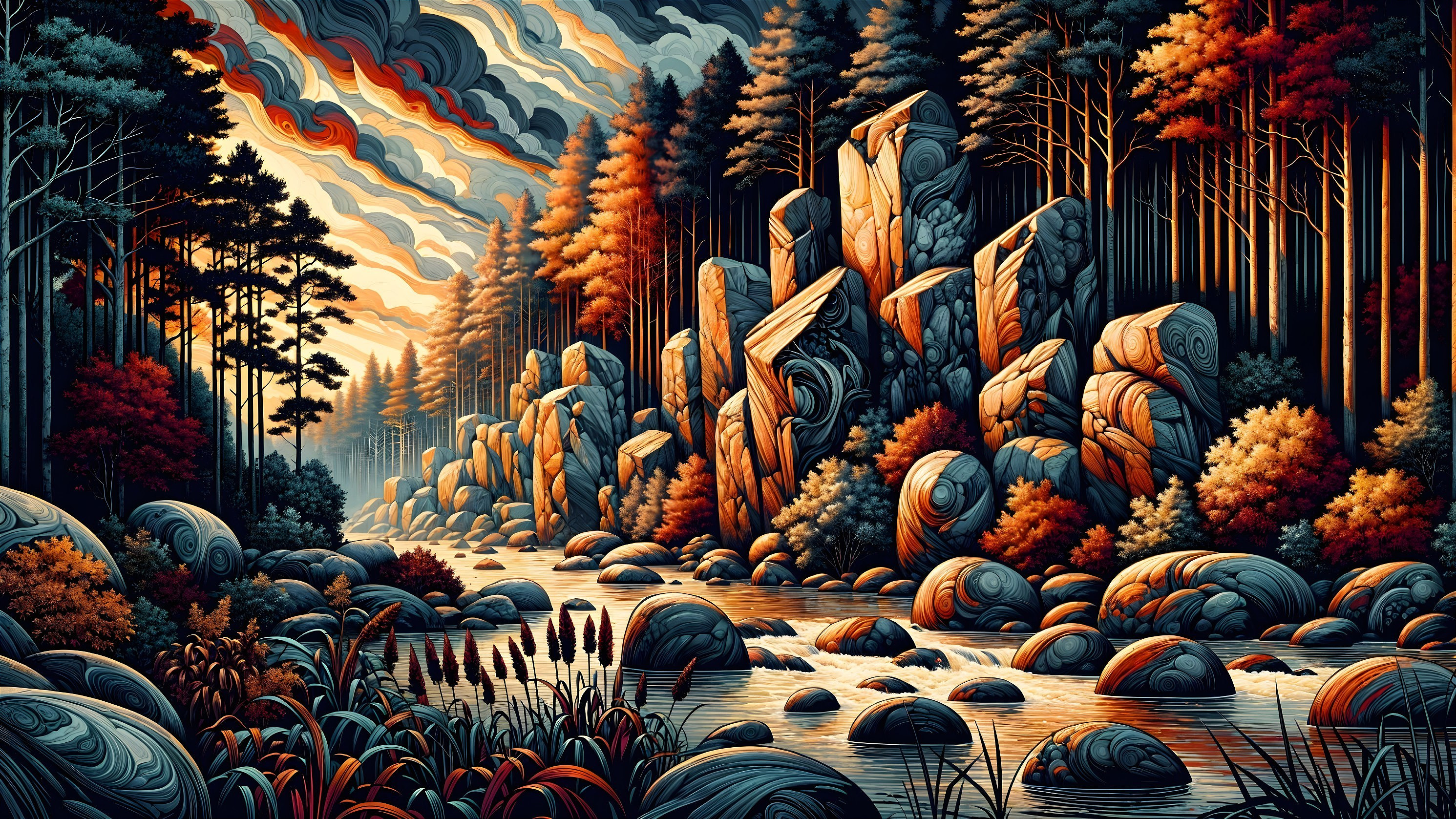 Vibrant Landscape with River and Dramatic Sky