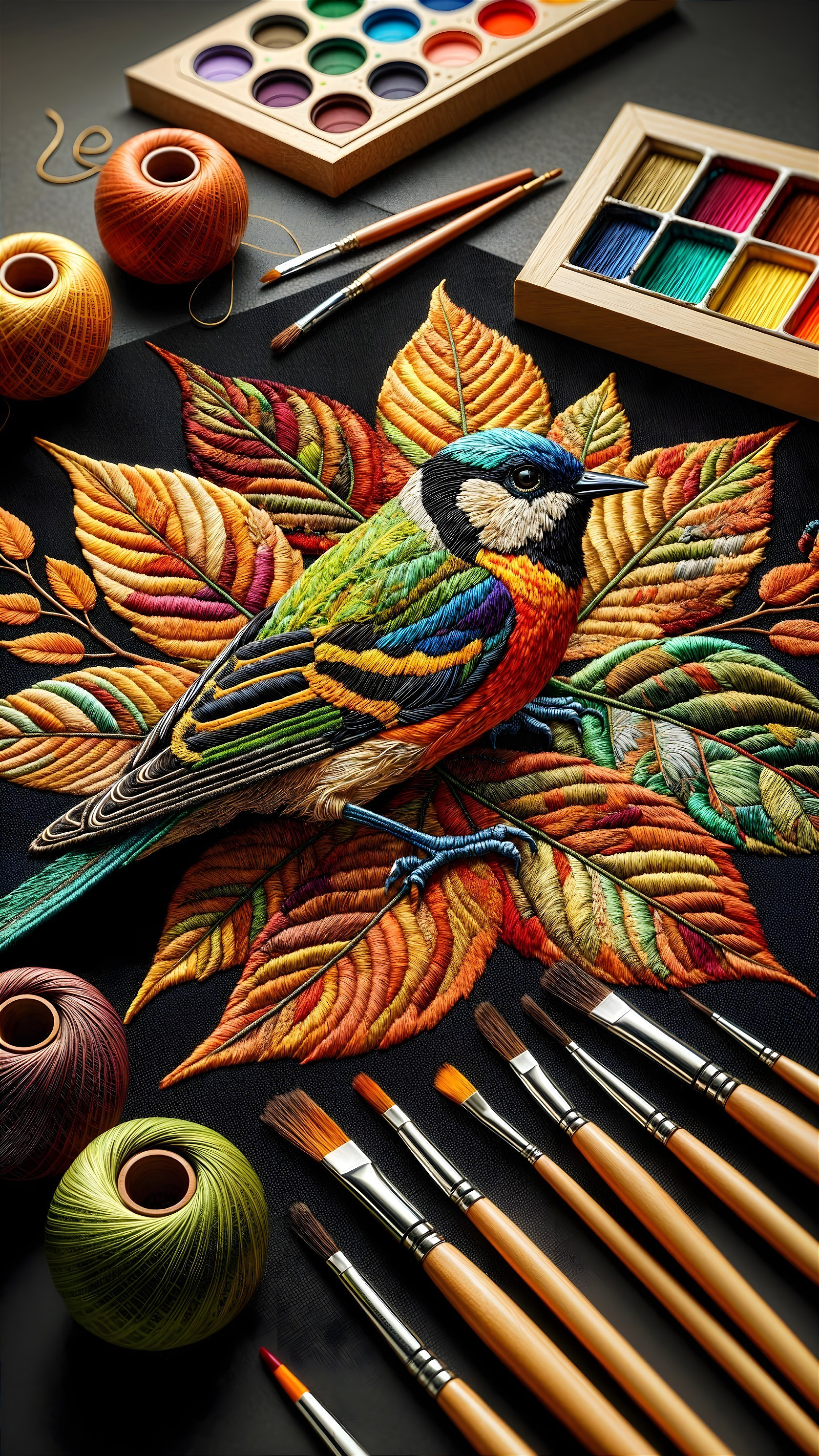 Vibrant Embroidery of Bird on Autumn Leaves and Tools