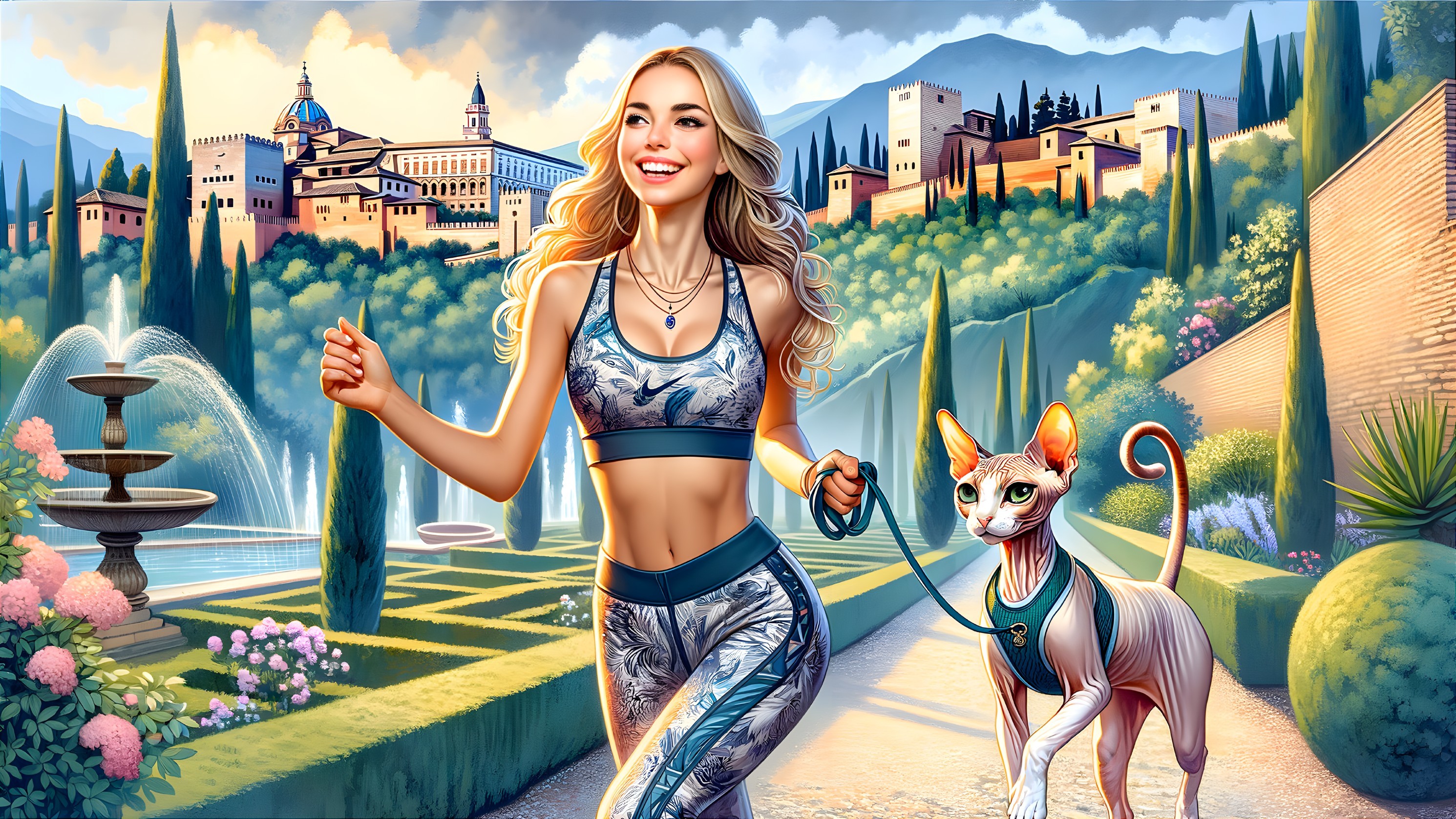 Cheerful Woman Jogging with Cat in Scenic Garden