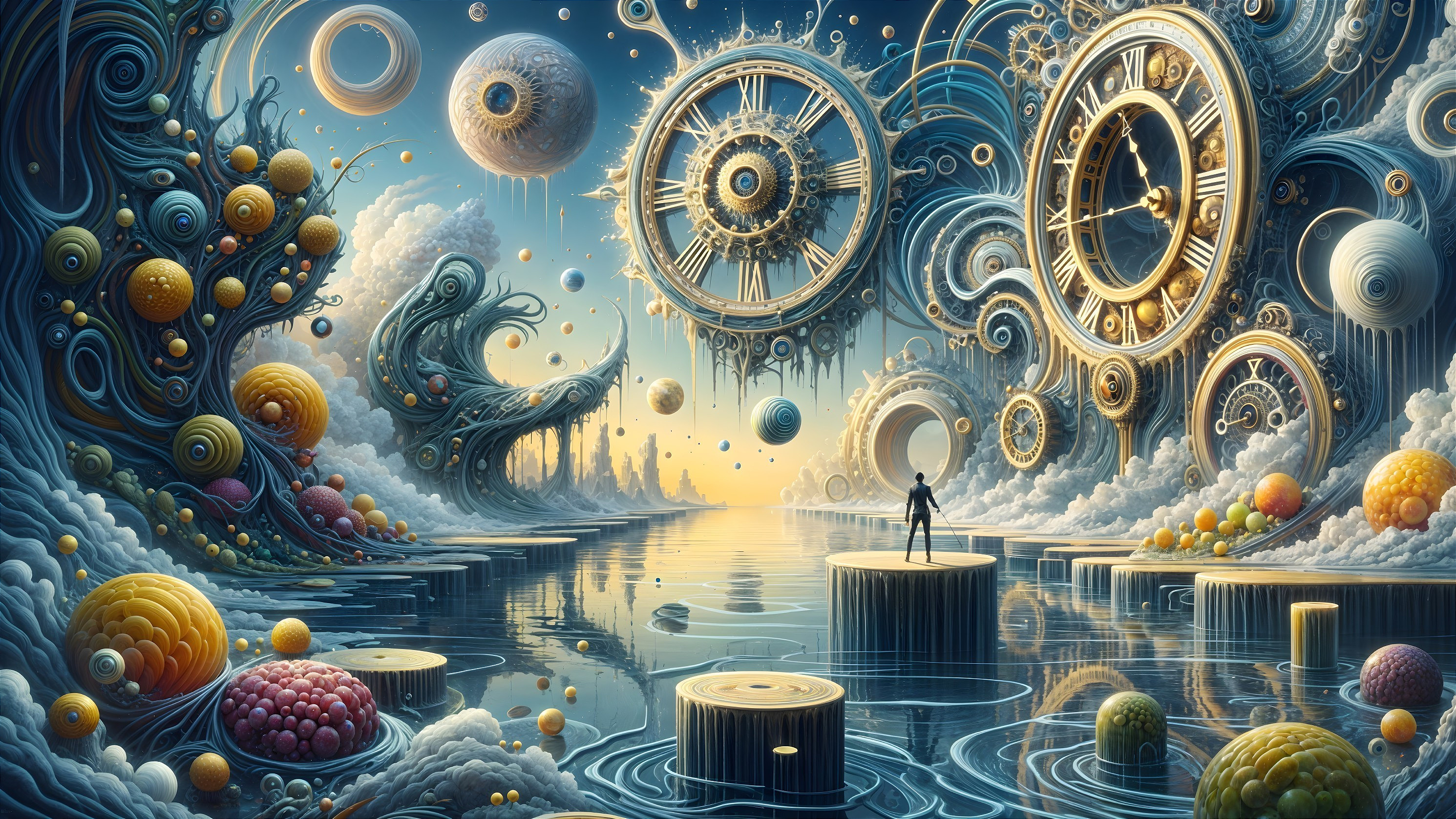 Surreal Landscape with Floating Clocks and Platforms