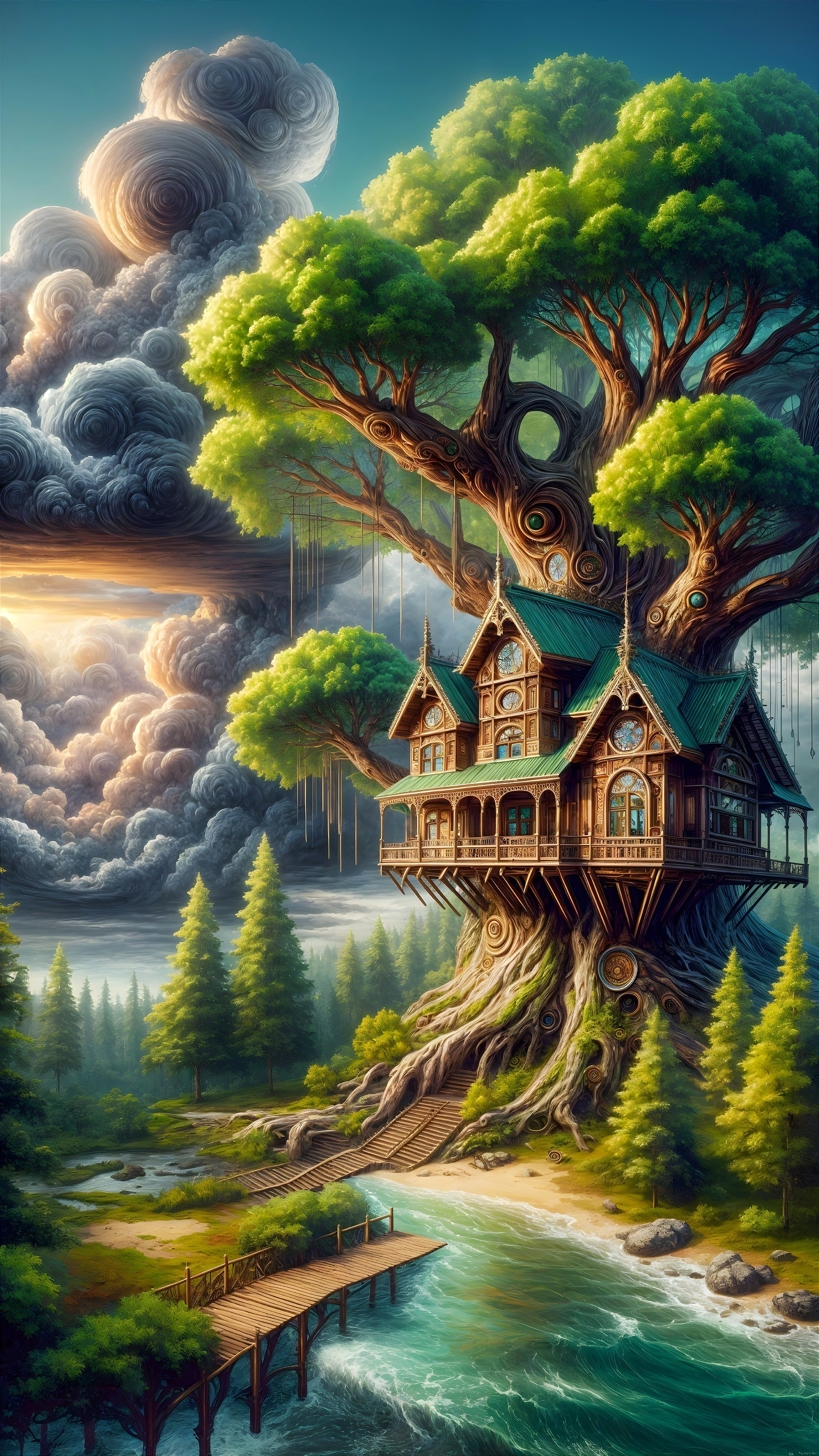 Whimsical Treehouse in a Gnarled Tree Landscape