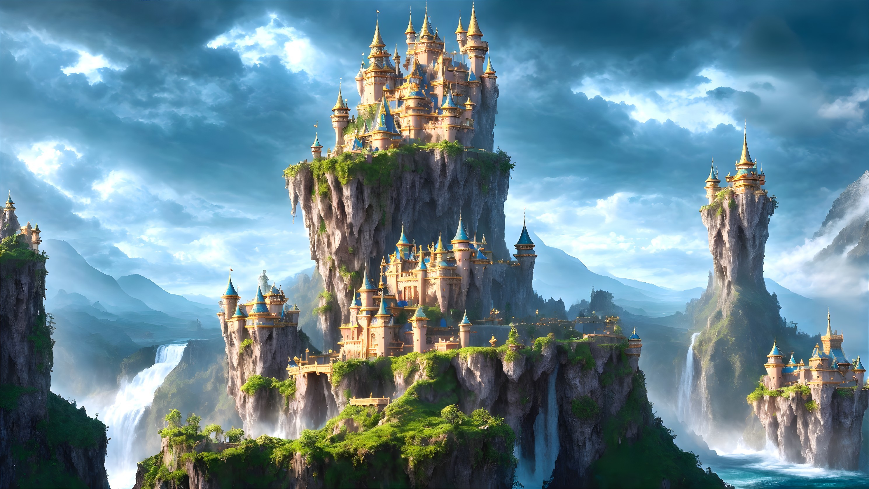 Majestic castles on soaring cliffs in enchanting fantasy landscape