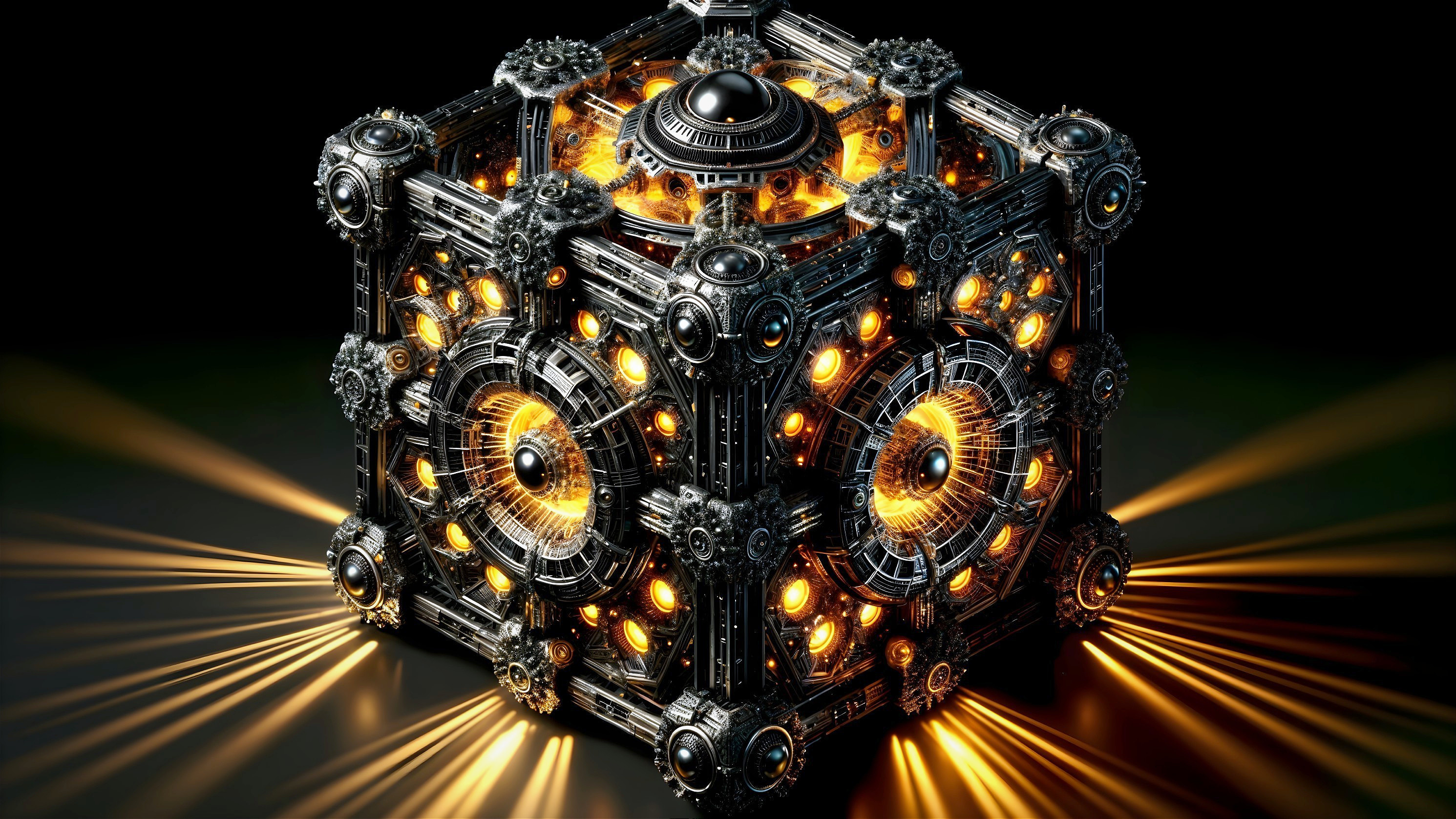 Futuristic metallic cube with glowing orange lights