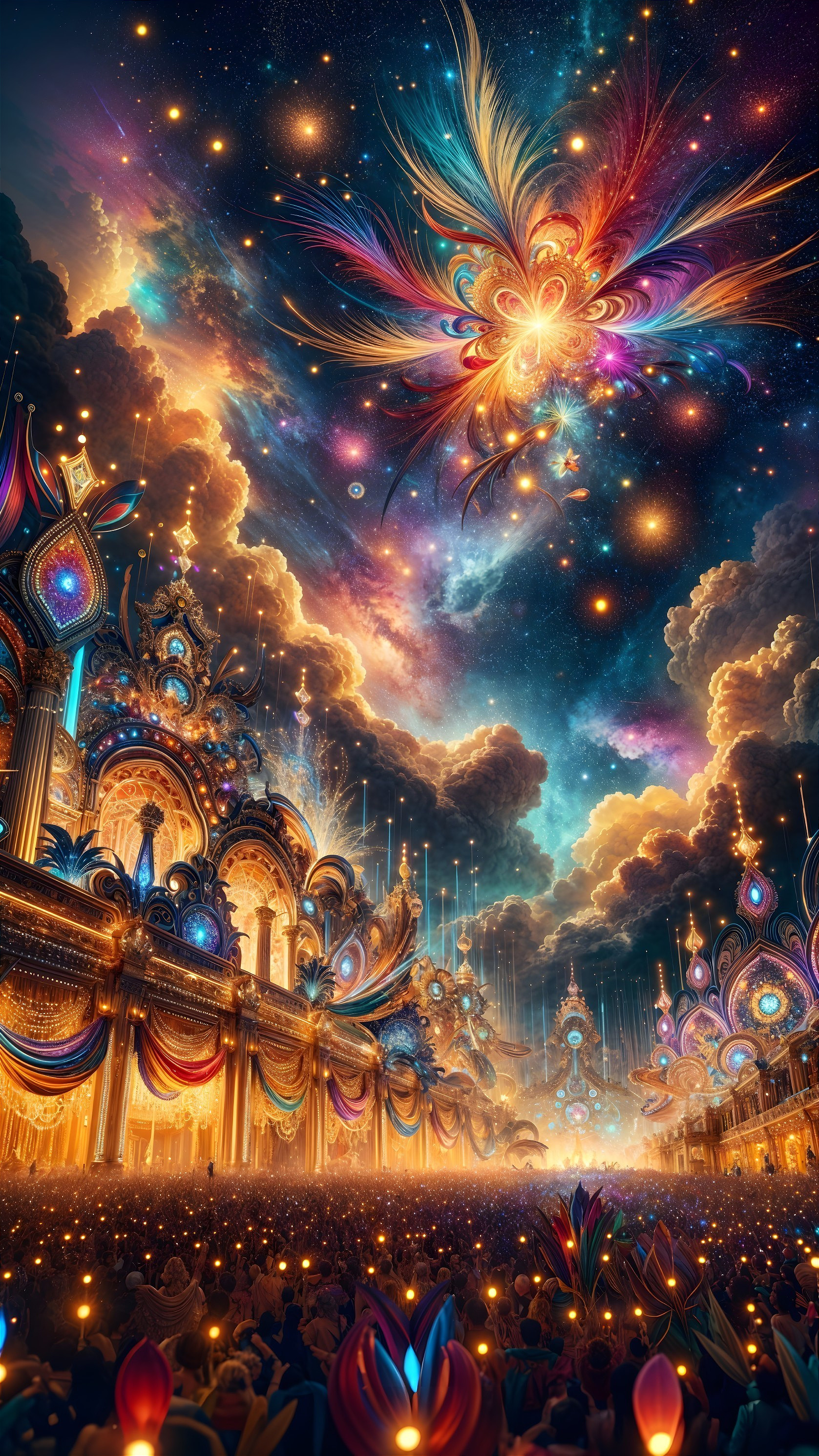 Cosmic Scene with Ornate Architecture and Celestial Light
