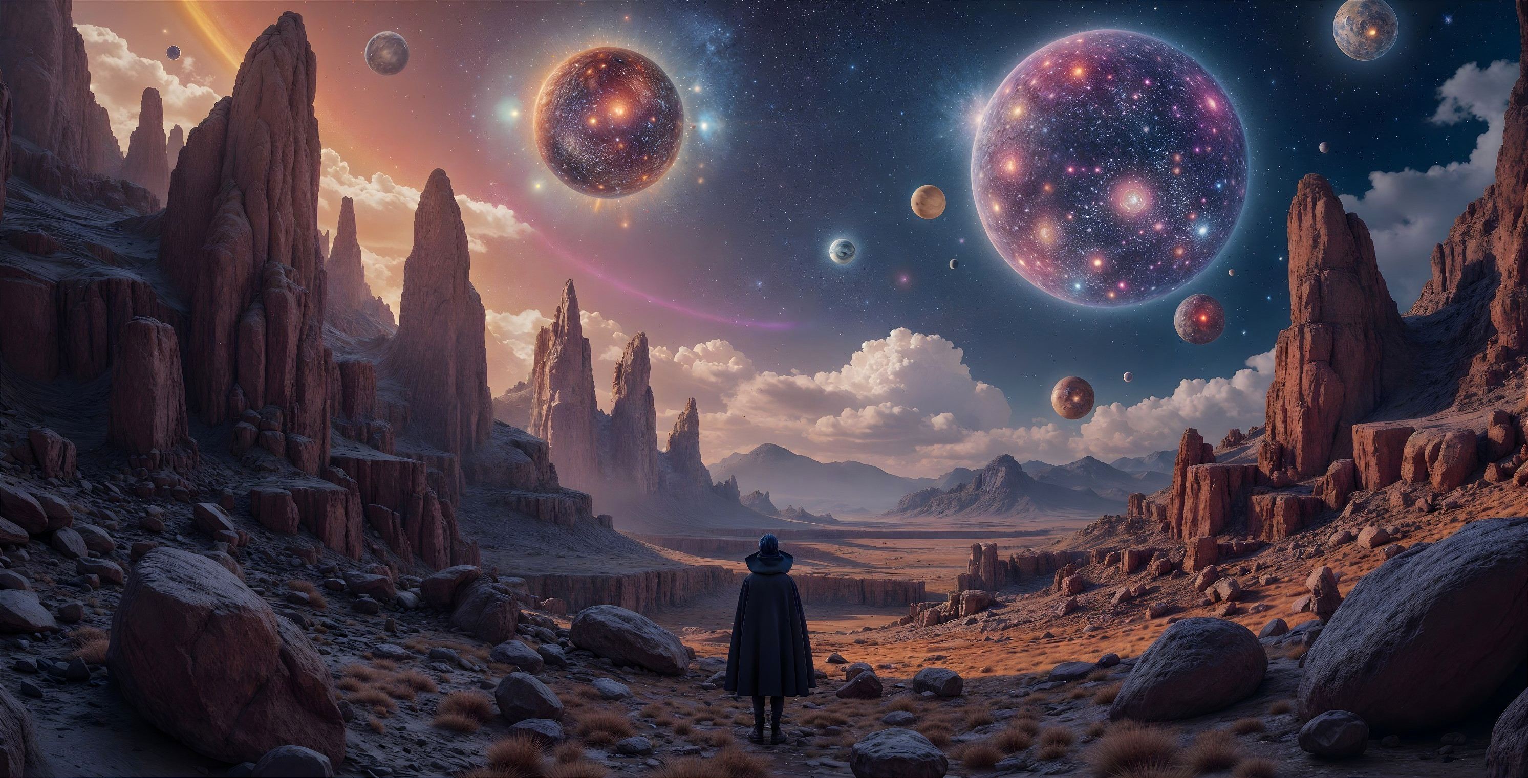 Surreal Desert Landscape with Cosmic Celestial Bodies