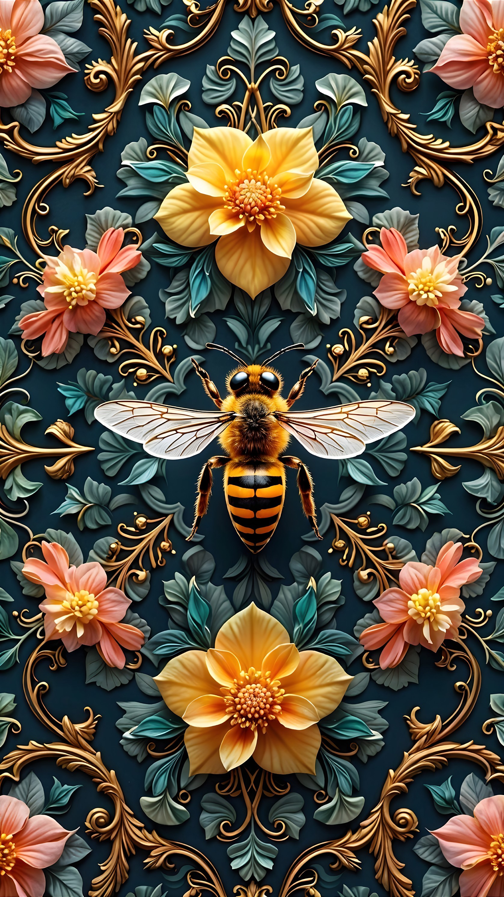 Vibrant Floral Pattern with Bee on Teal Background