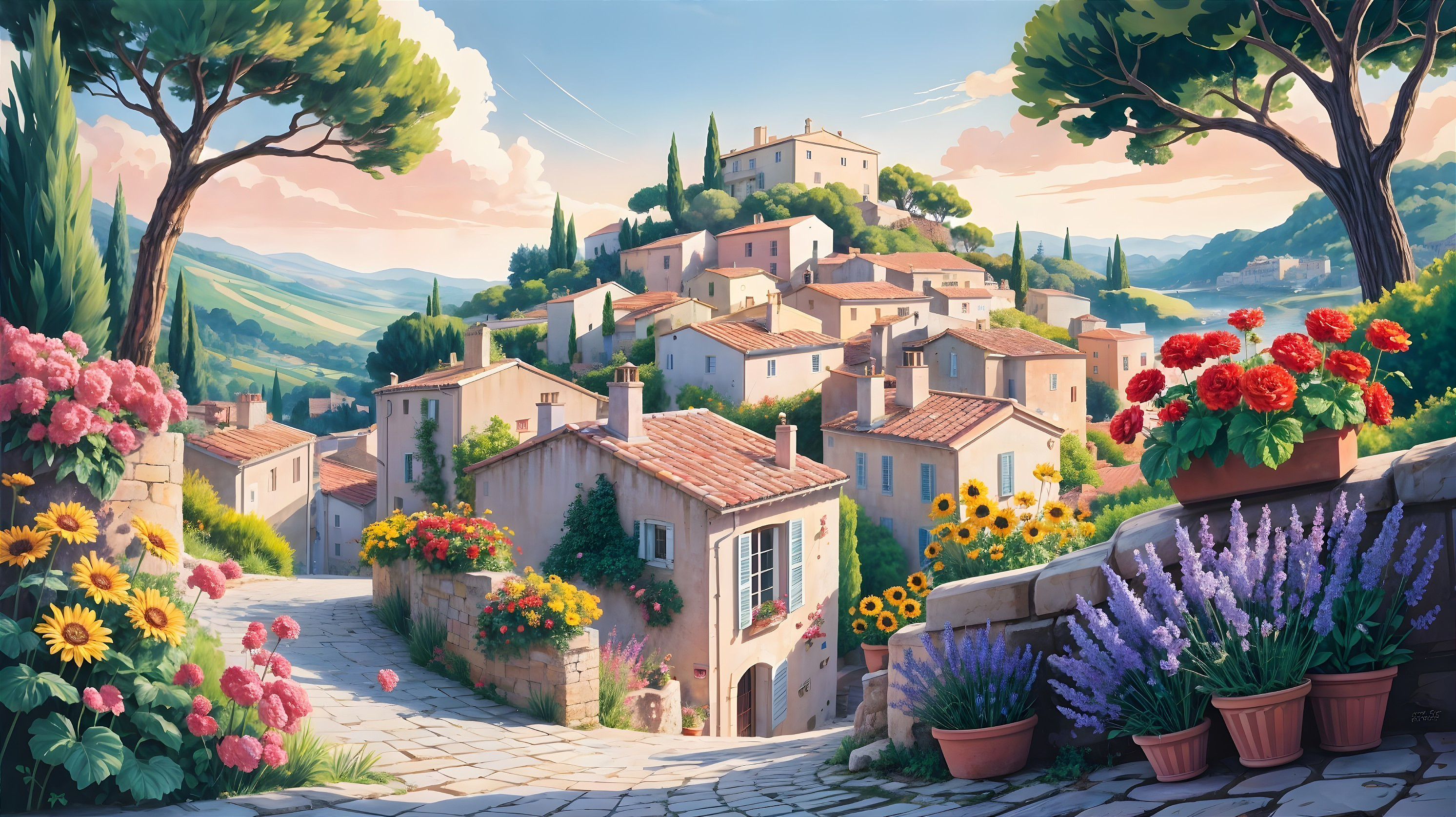 Hillside Village Surrounded by Lush Greenery and Flowers