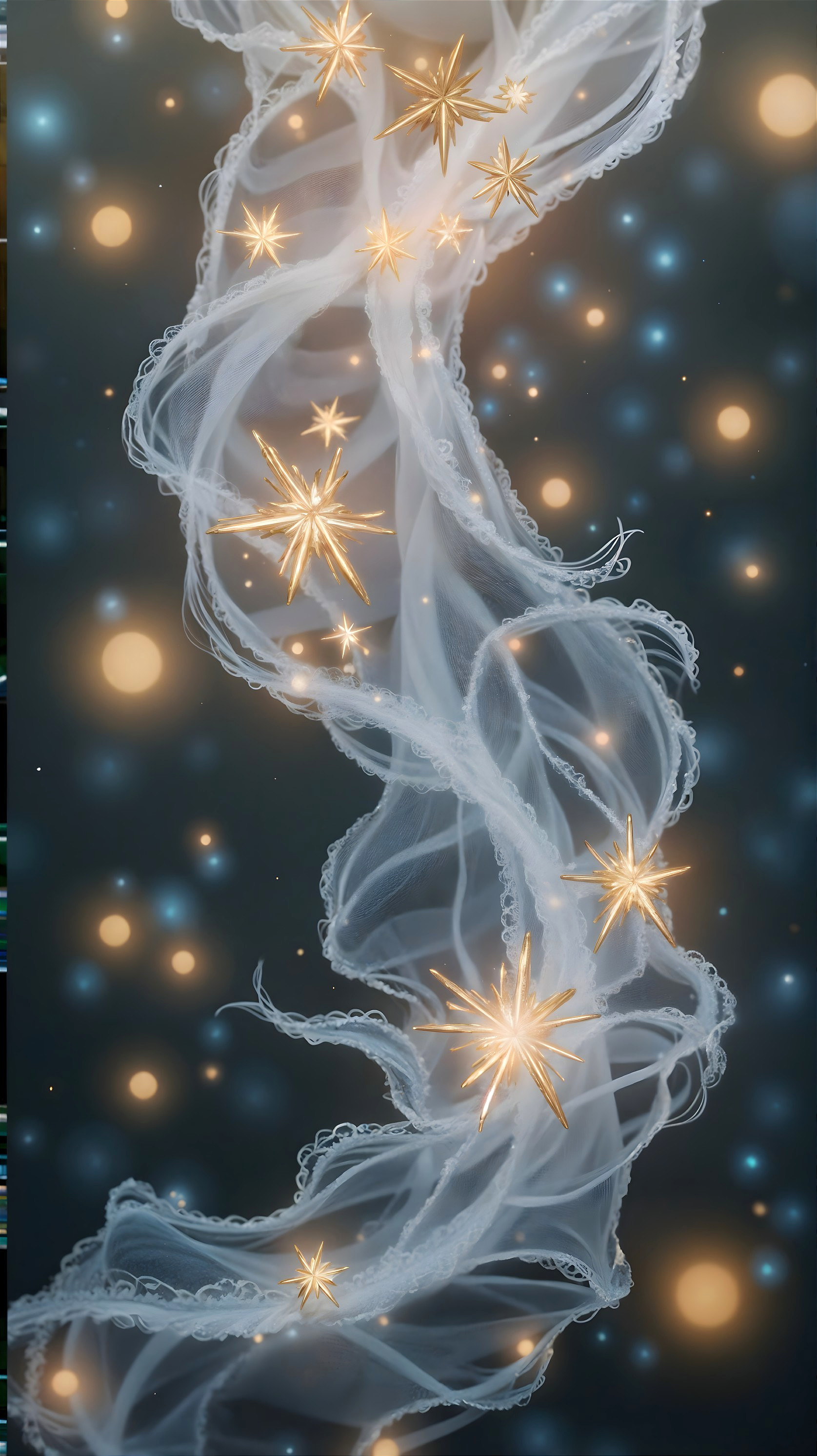 Translucent Fabric with Glowing Stars in Dark Background