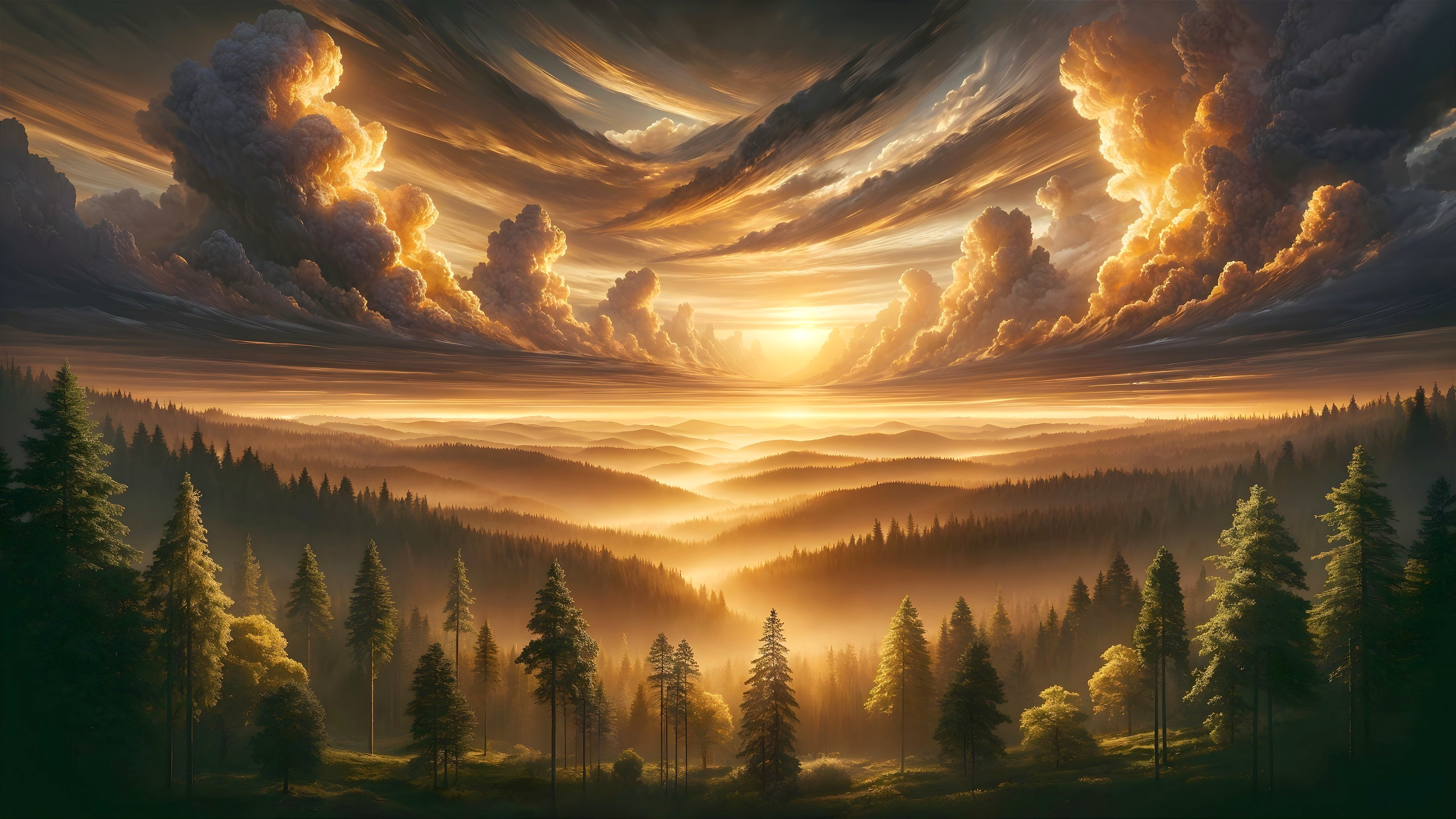Dense Forest at Vibrant Sunset with Dramatic Clouds