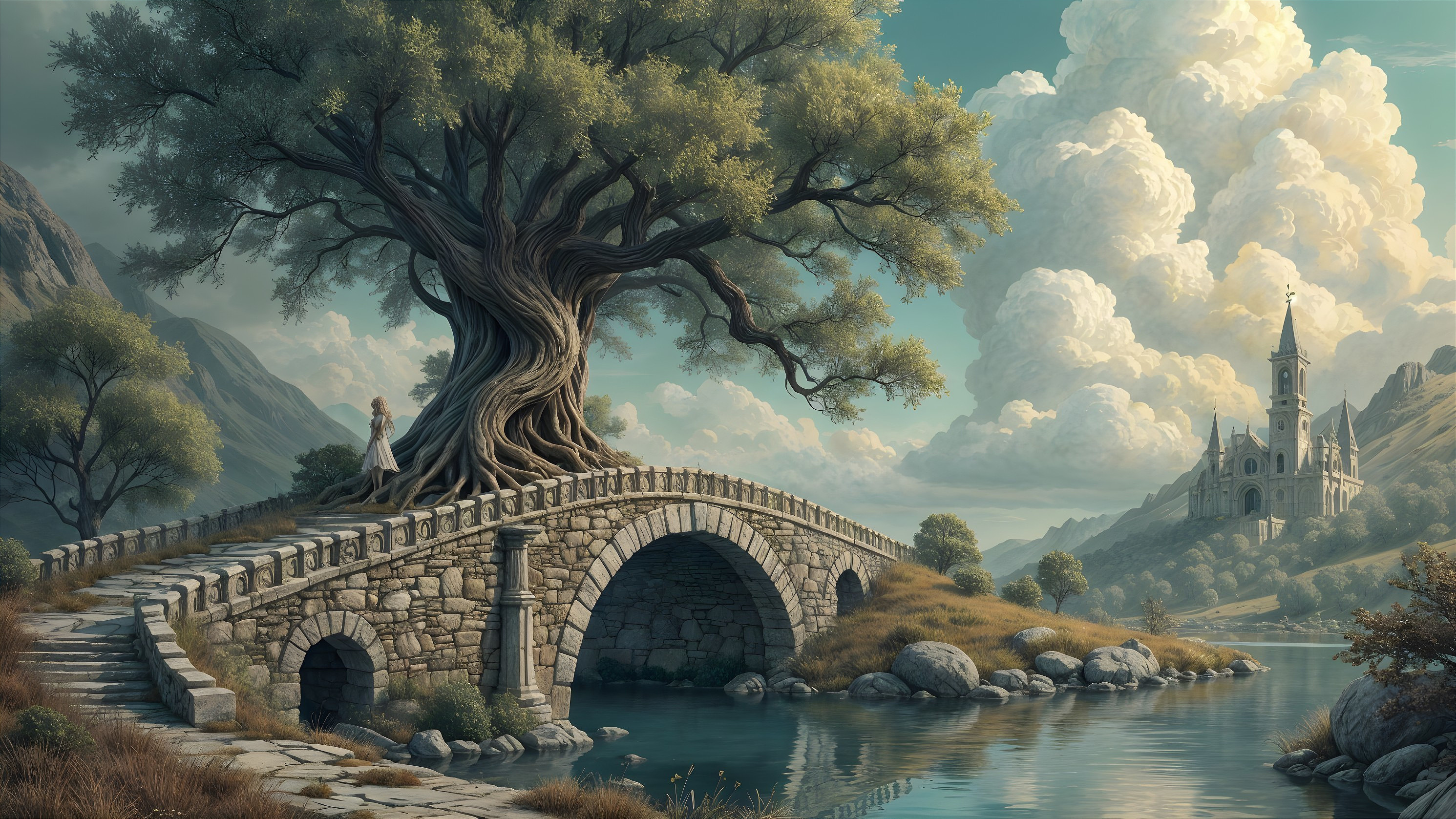 Serene Landscape with Tree, Bridge, and Mountains
