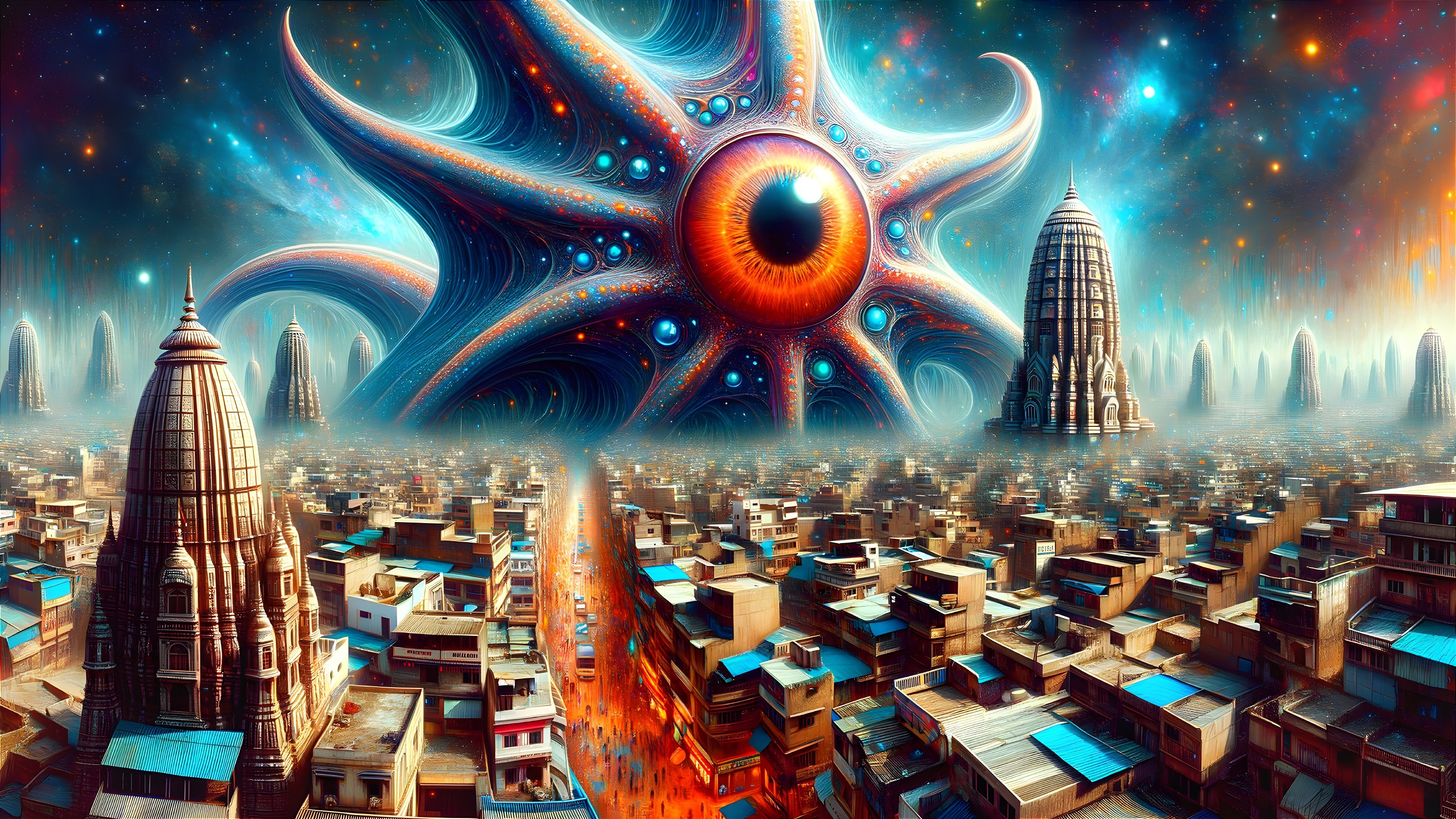 Surreal Cityscape with Intricate Temples and Cosmic Creature