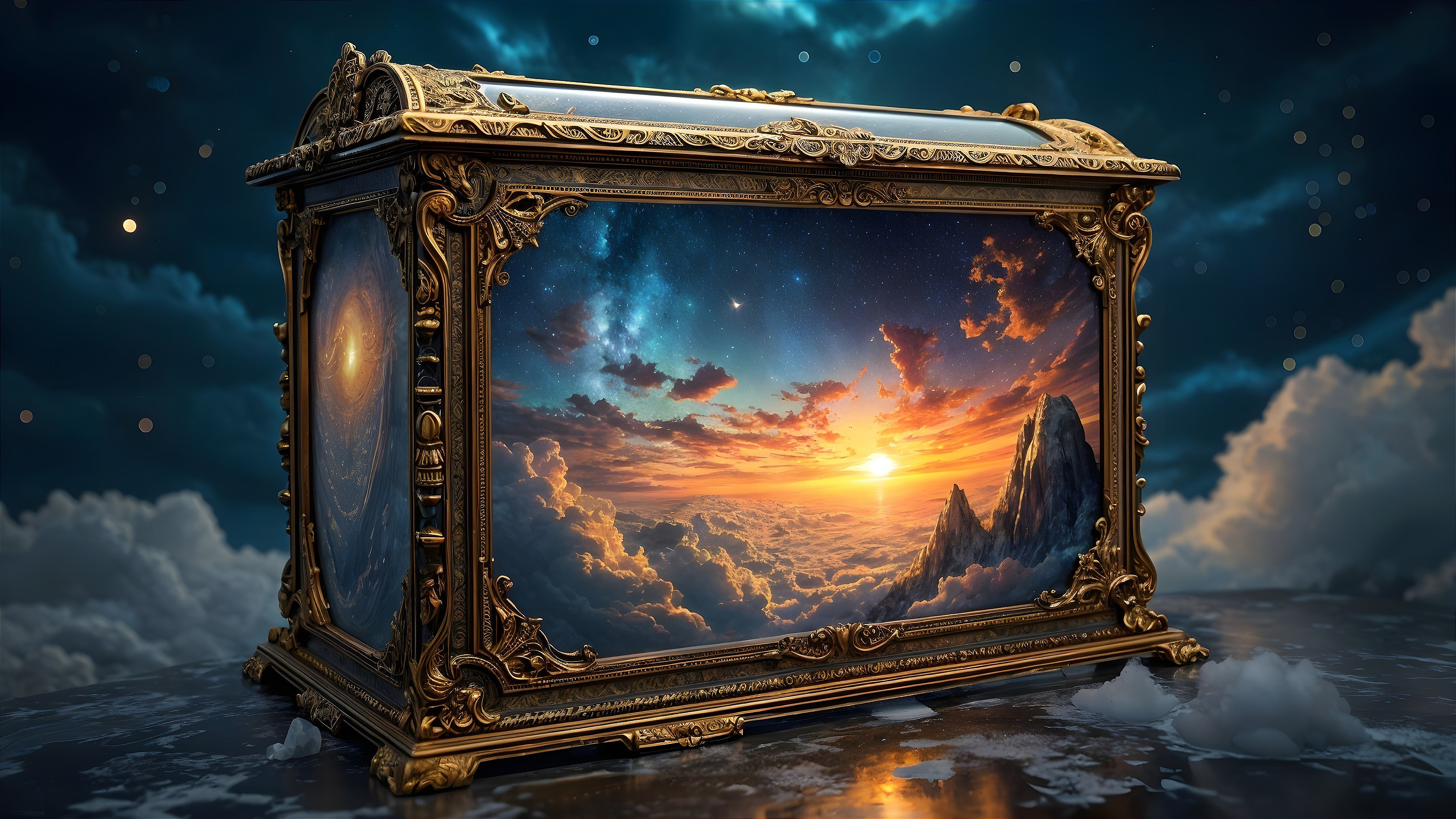 Ornate treasure chest with sunset and mountain scene