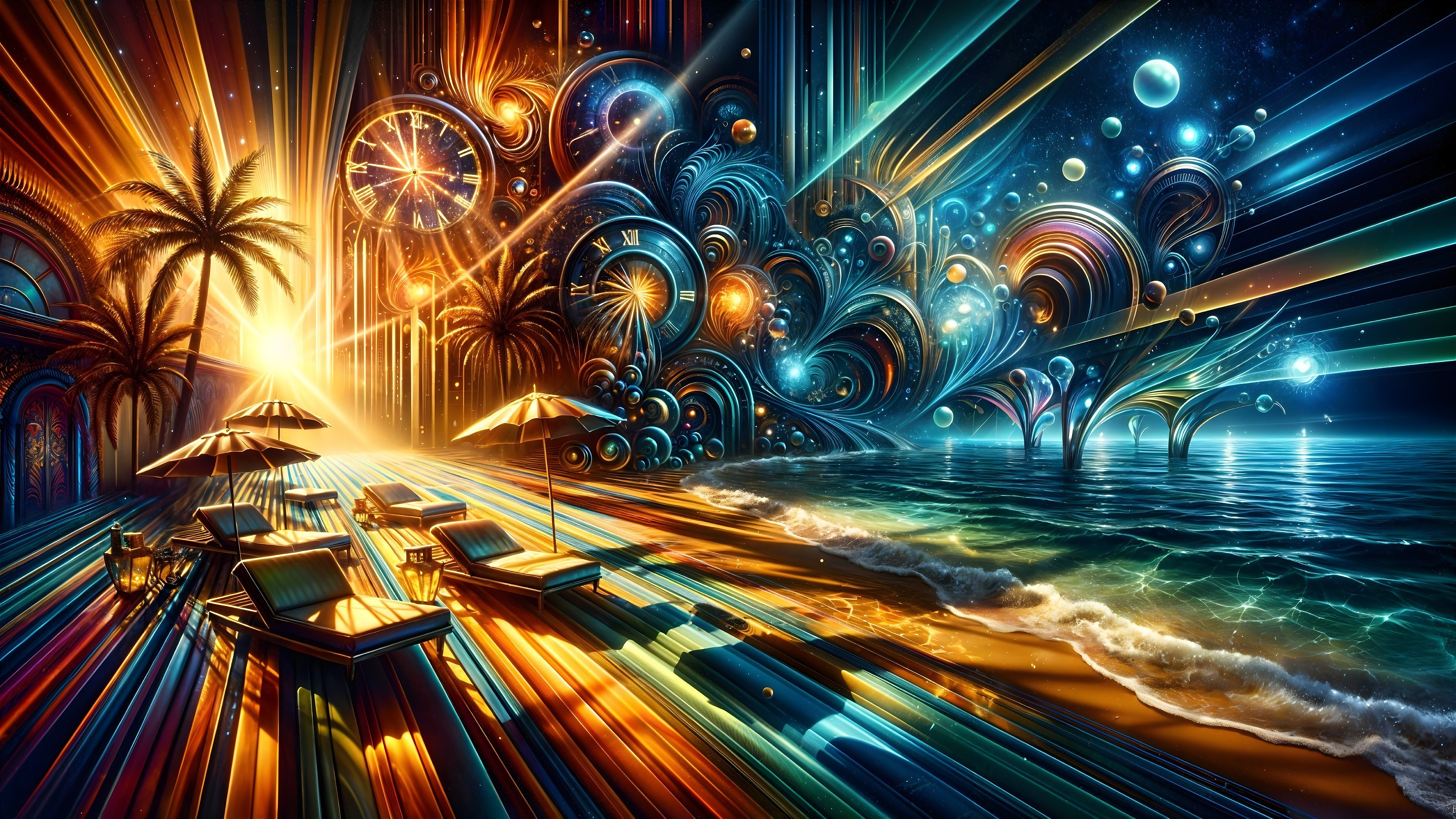 Vibrant Beach Scene with Surreal Elements and Colors