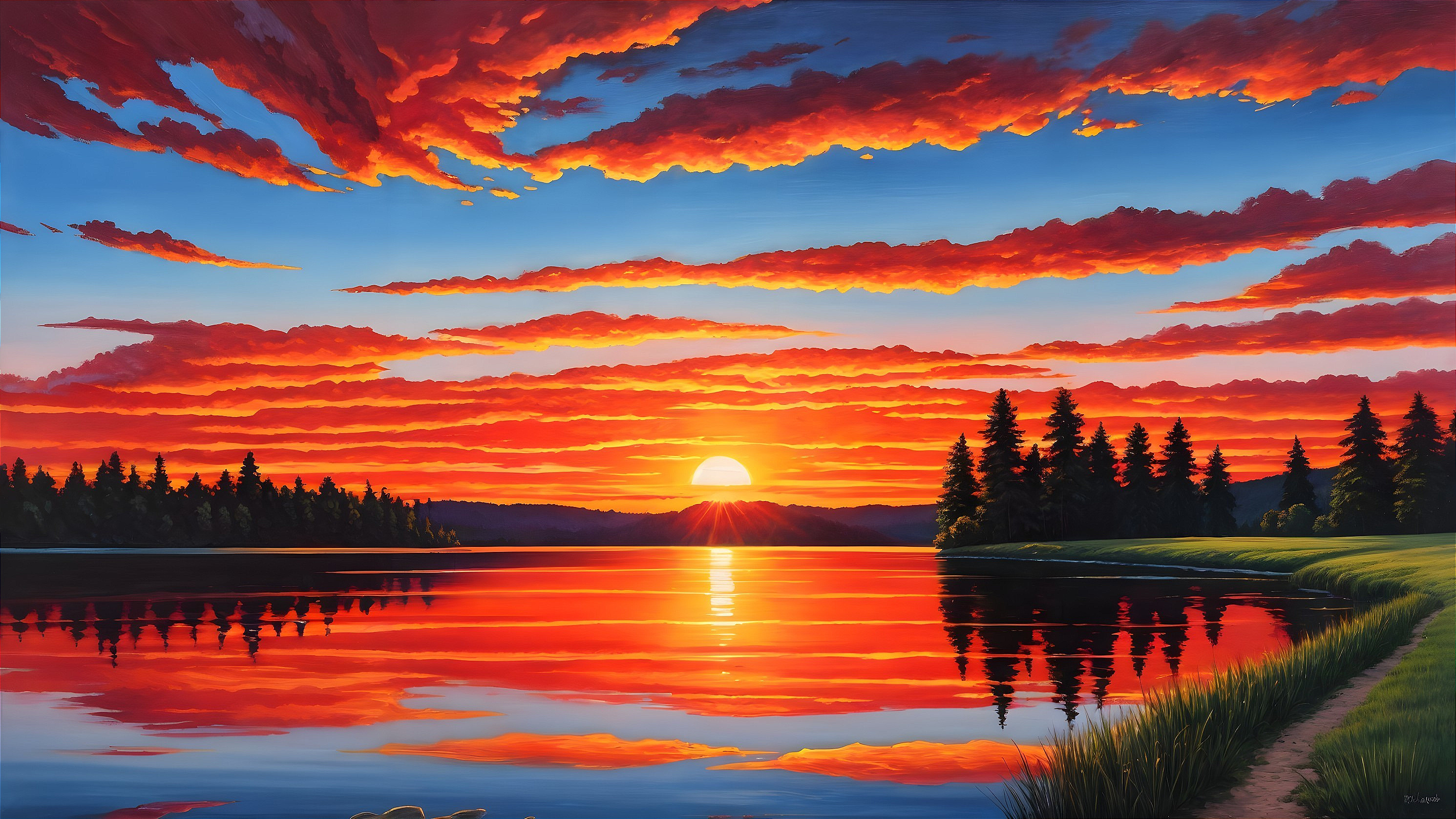 Vibrant Sunset Over Calm Lake with Pine Tree Silhouettes