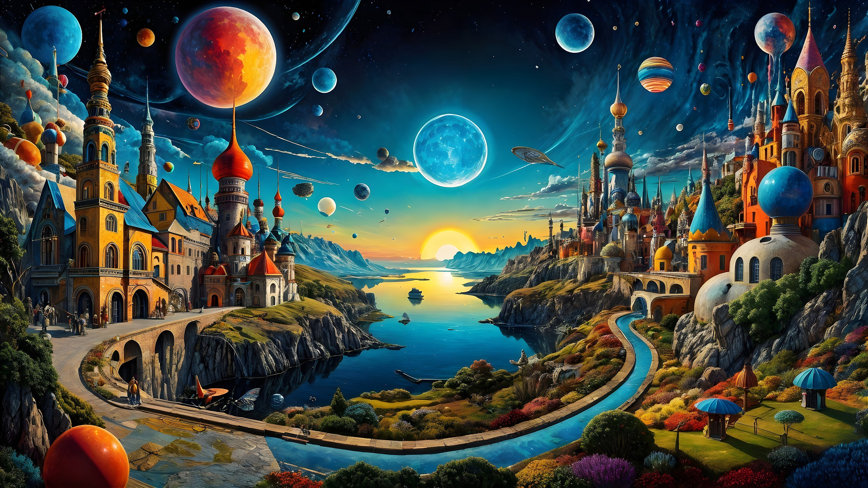 Surreal Landscape with Castles and Cosmic Sky