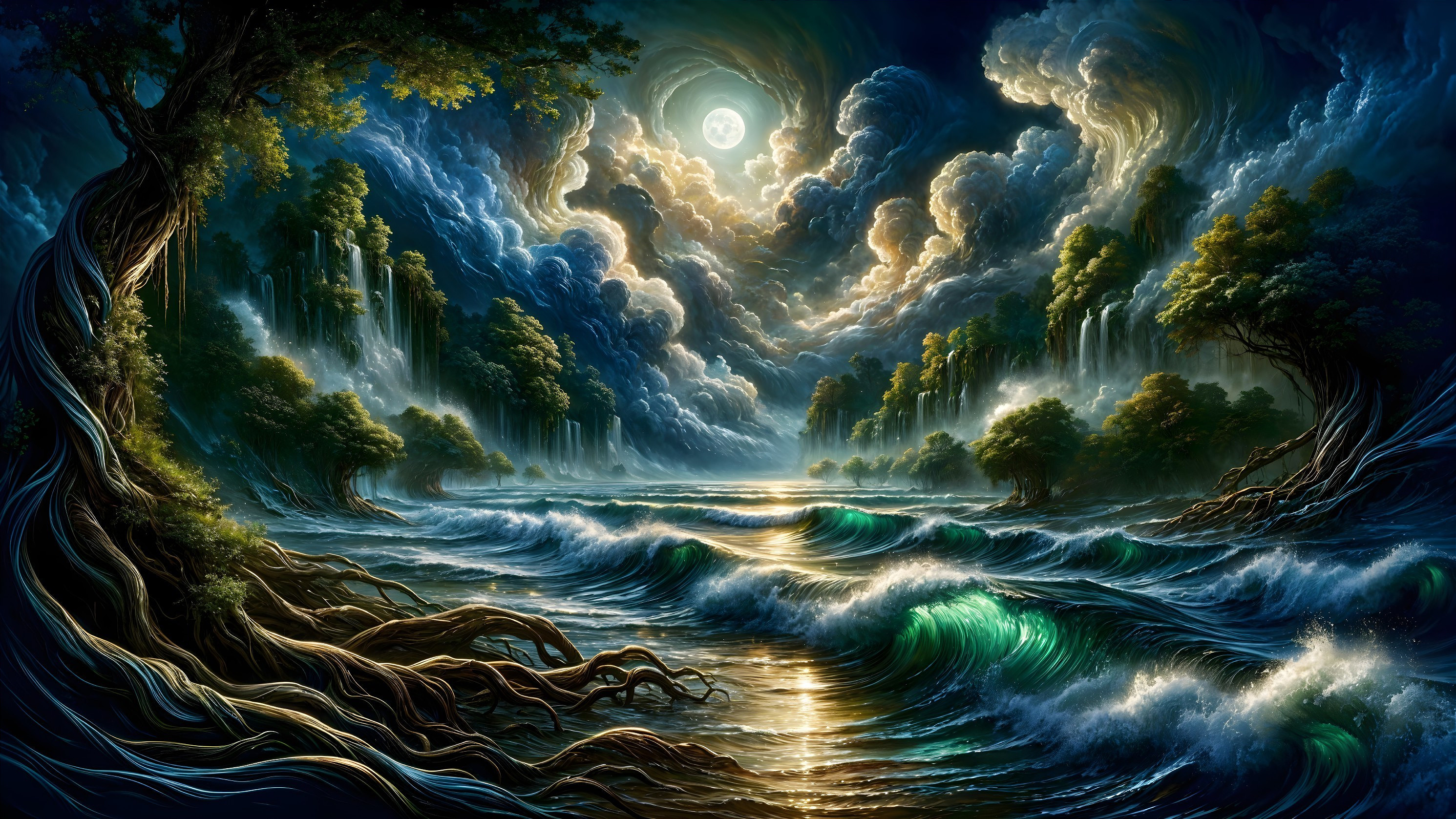 Mystical Landscape with Full Moon and Waterfalls