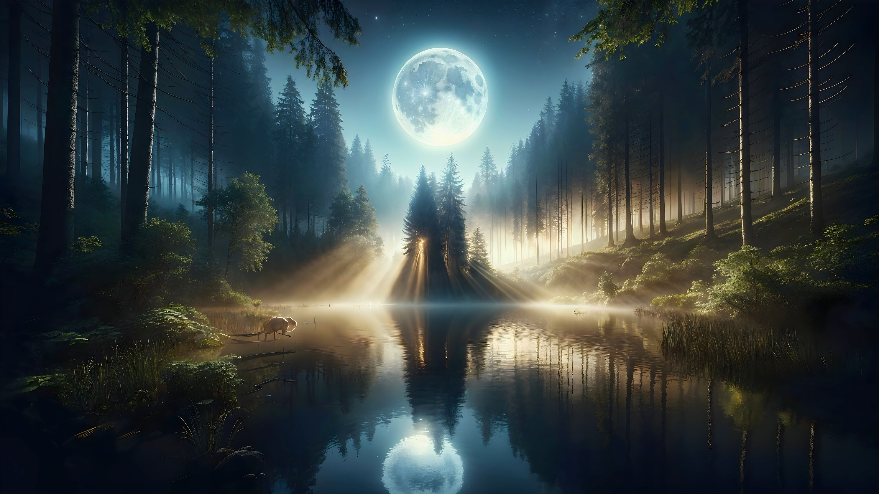 Serene Night Scene with Lake and Moonlight Reflections