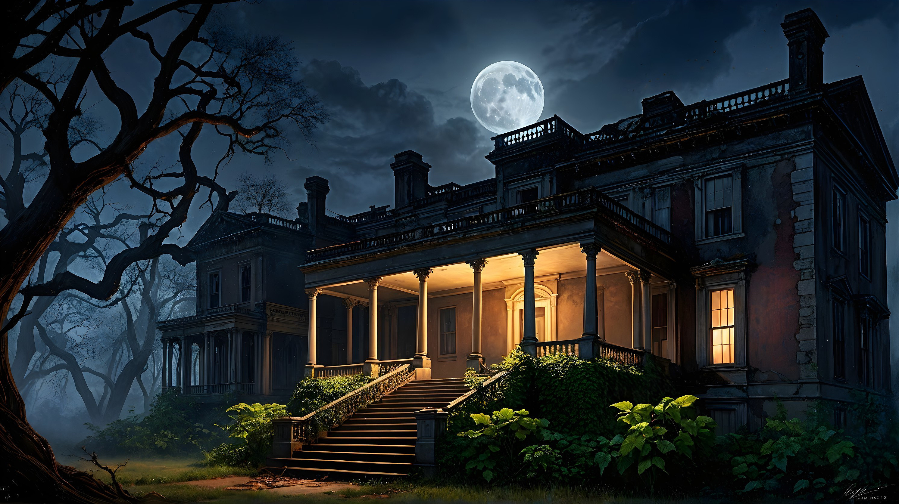Dilapidated mansion under full moon with eerie shadows