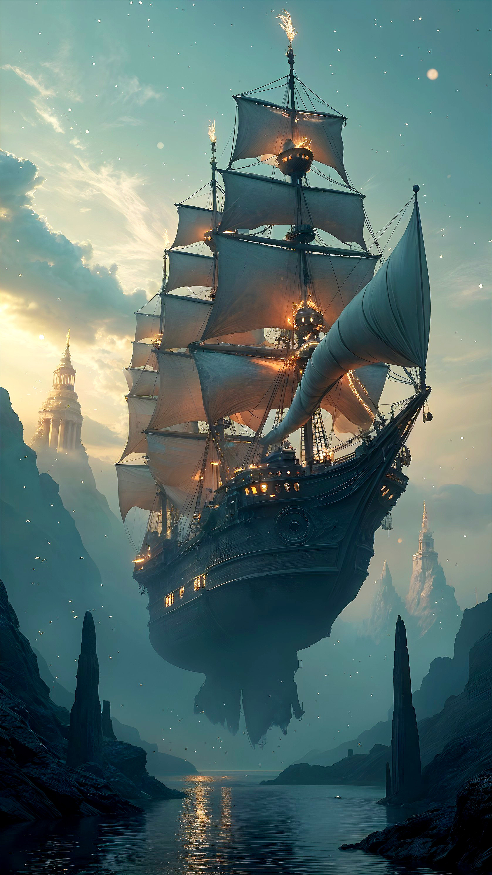 Ancient ship in mystical seascape with cliffs and towers