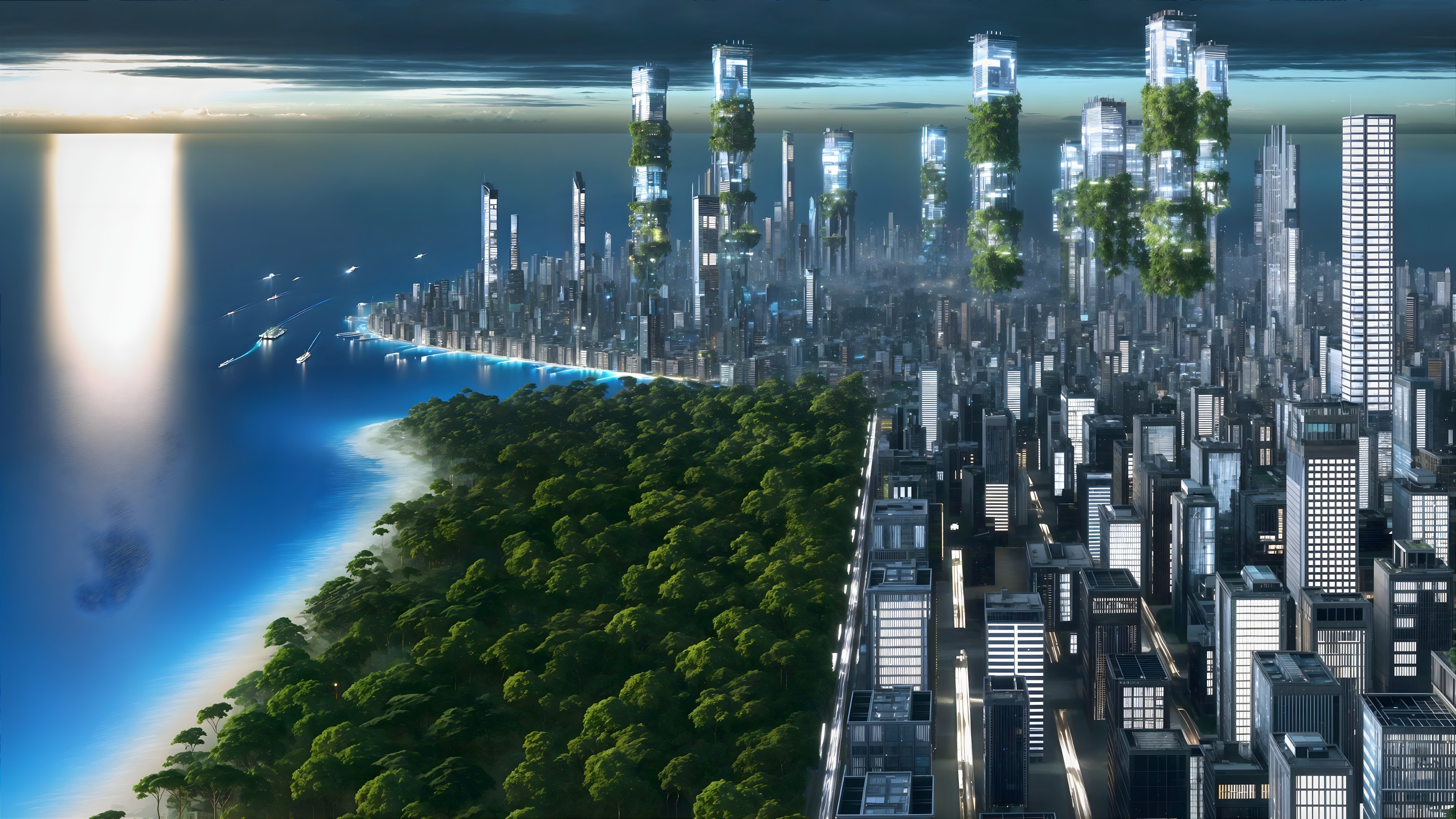 Futuristic cityscape with urban and natural elements