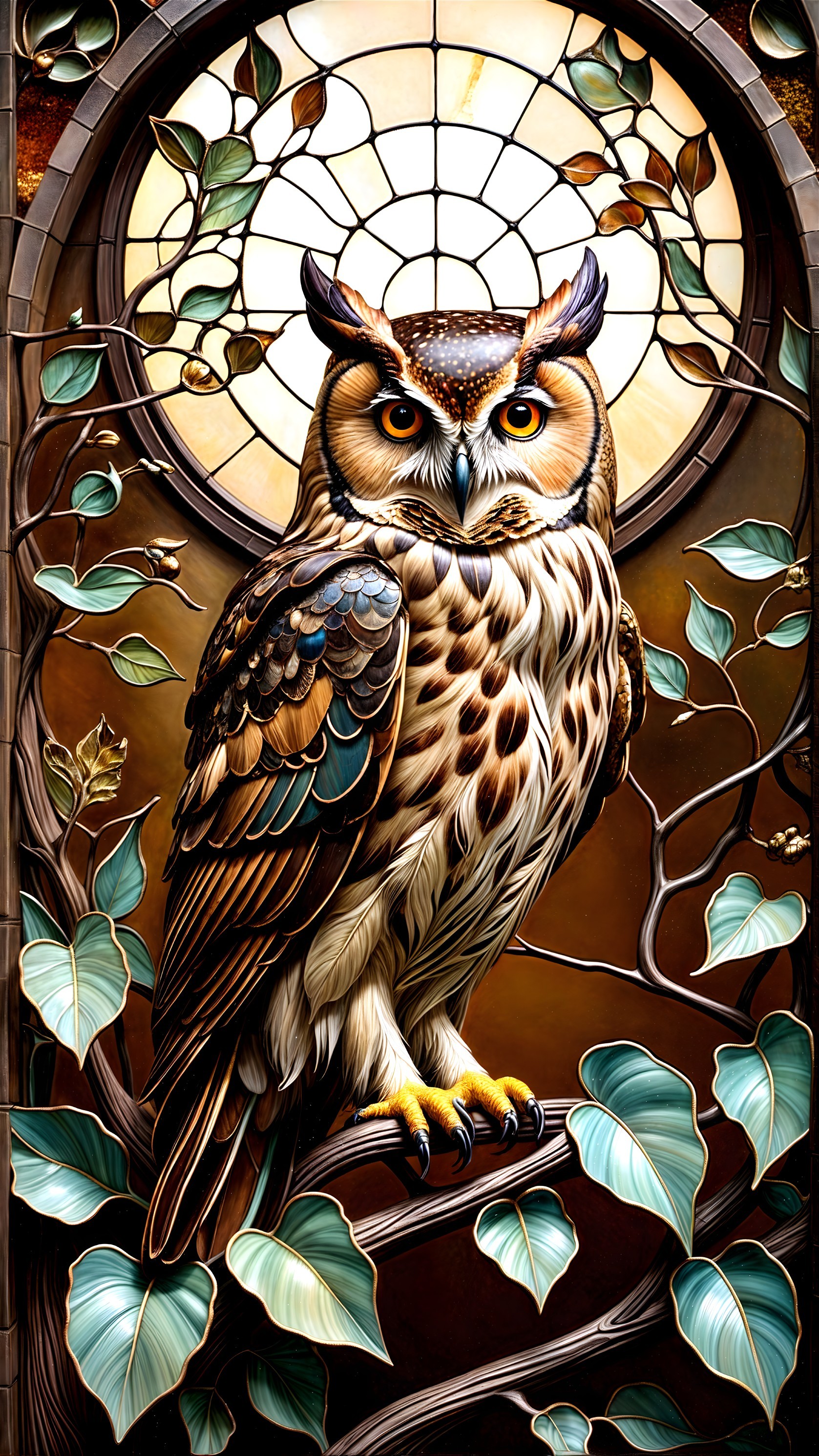 Stained Glass Owl Perched Among Lush Leaves