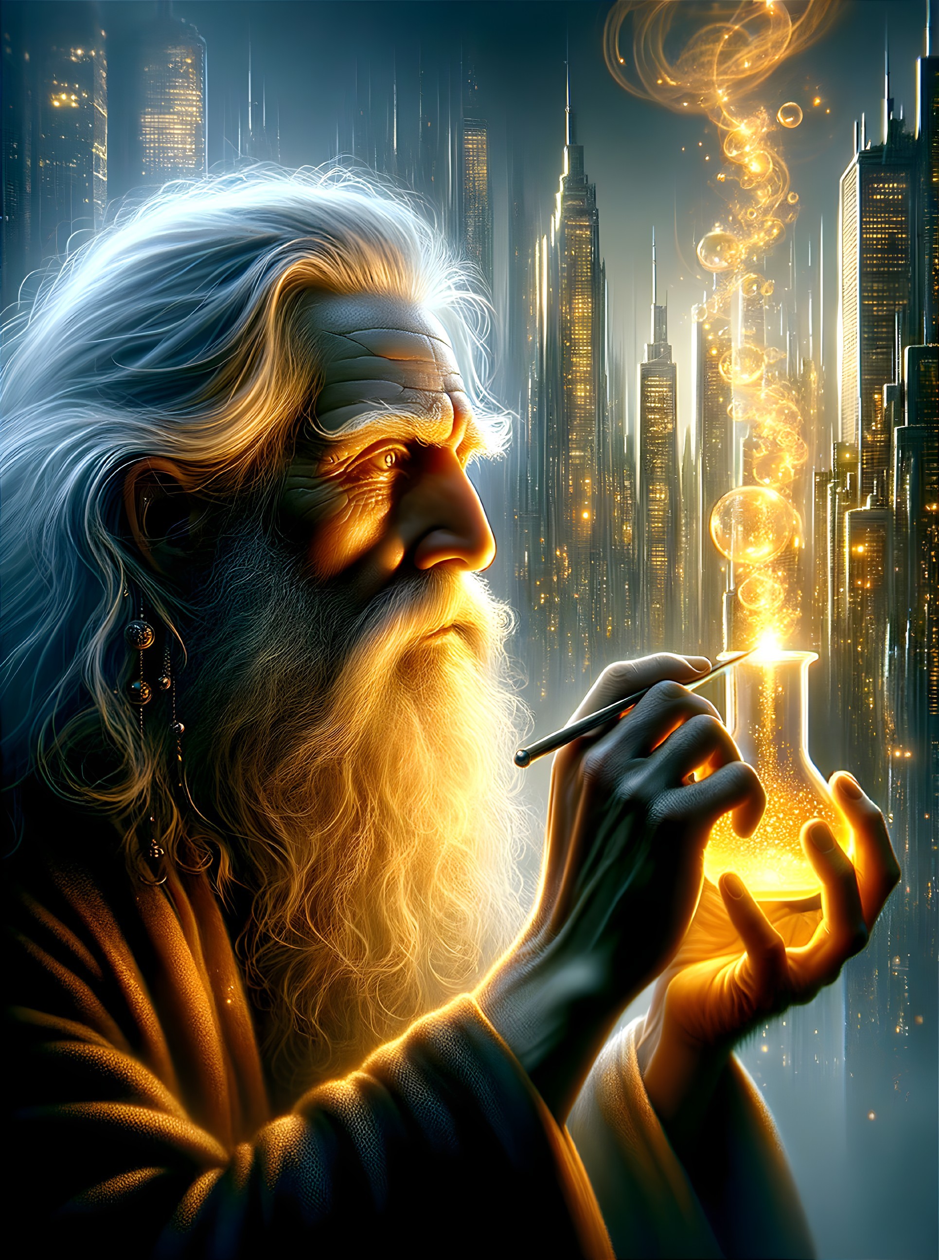 Elderly Alchemist in Futuristic City with Glowing Flask
