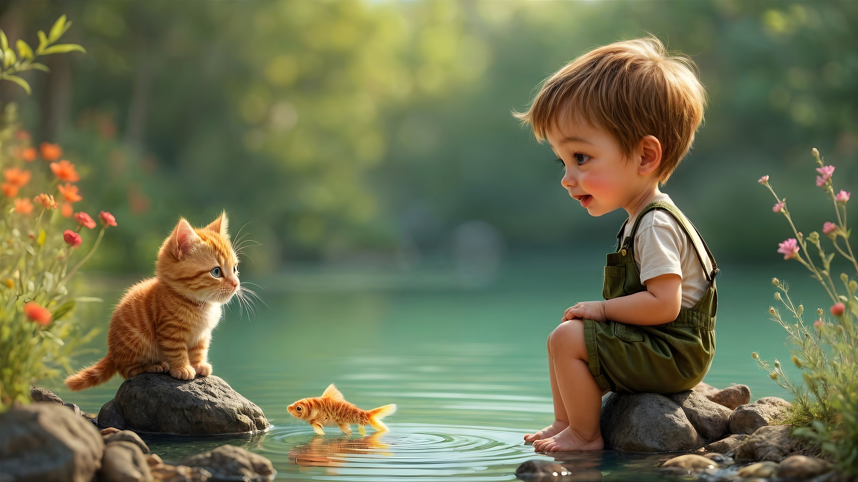 Young boy with cat by serene pond and goldfish