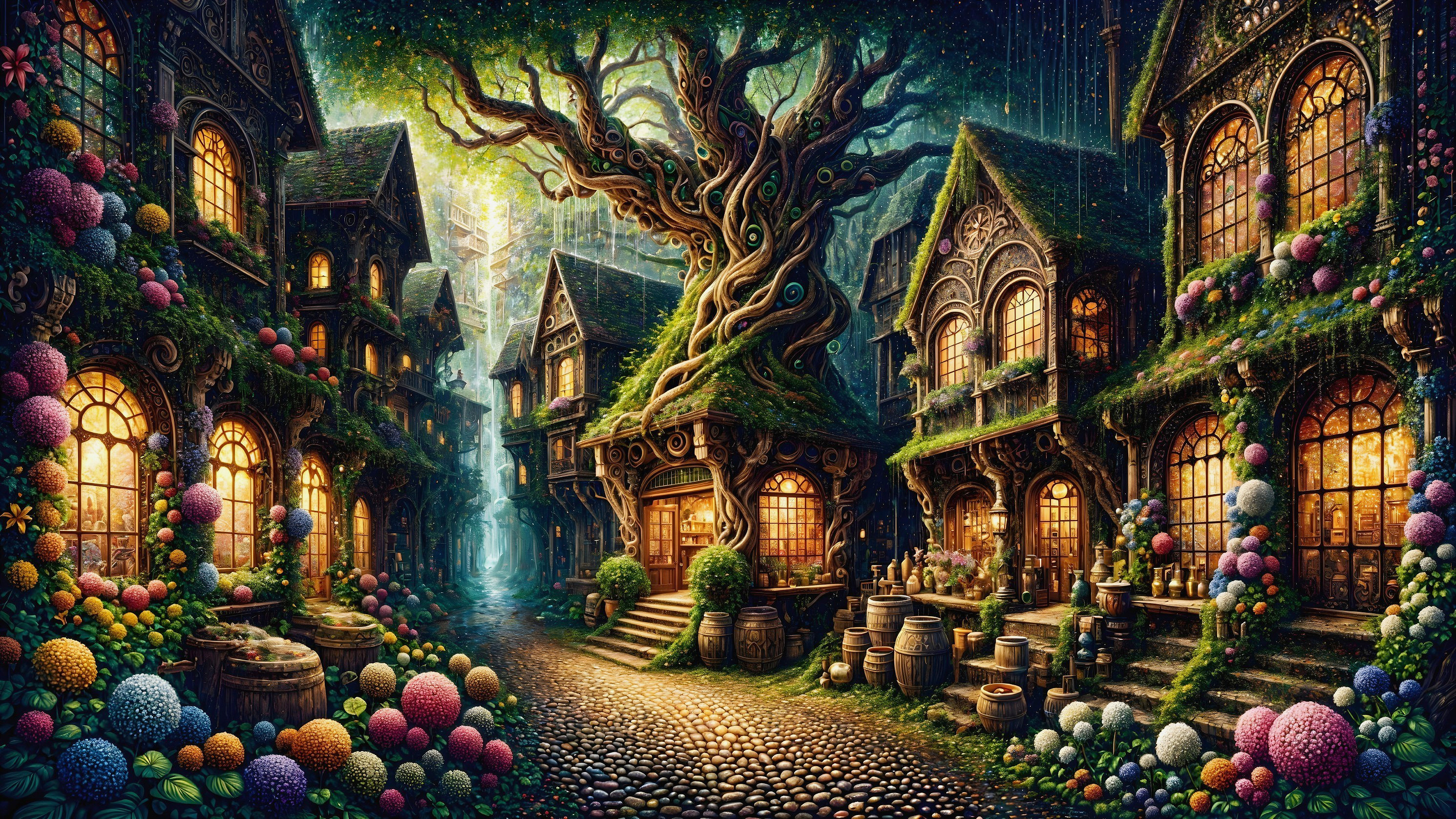 Whimsical Village Scene with Colorful Cottages and Trees